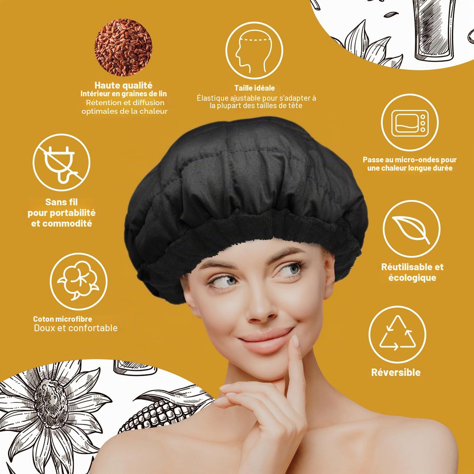 MQUPIN Bonnet Chauffant Cheveux Soin, Bonnet Chauffant Capillaires Profondément pour Tous Types de Soins, Casque Chauffant en Profondeurcoton en Microfibre, Chauffage par Micro-ondes(Noir)