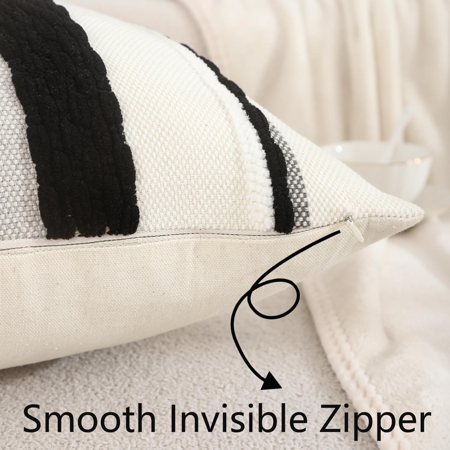 Black and White Pillow Covers 18 x 18 Set of 2 Boho Throw Pillow Covers Striped Patterned Decorative Pillow Cases Accent Chenille Pillowcases Farmhouse Cushion Case for Spring Home Decor