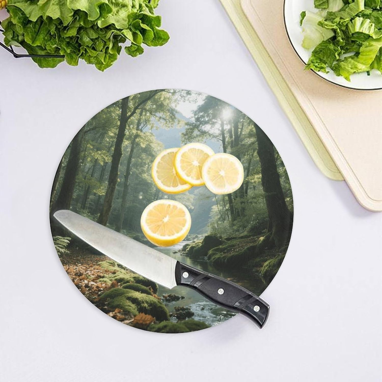 Mountain Forest Nature Round Tempered Glass Cutting Board | 7.9 Inch Non Slip Glass Chopping Block, Portable Kitchen Cutting Tray for Home Kitchen Outdoor Picnic Food Preparation