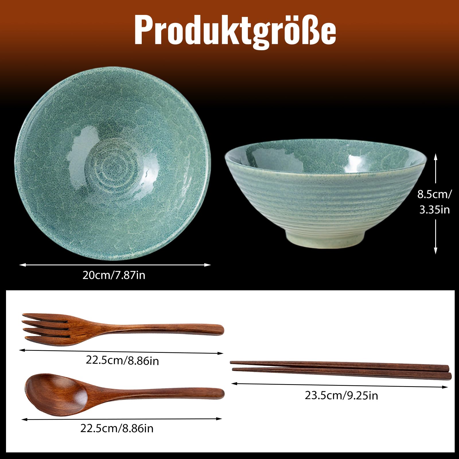 Ramen Schüssel Set 1200 ml Suppenschüssel aus Keramik Bowl Schüssel mit Essstäbchen Löffel und Gabeln Ramen Bowl 20 cm Ramen Schale für Pho-Suppe Spaghetti Salat Müsli (Eisriss Grün)