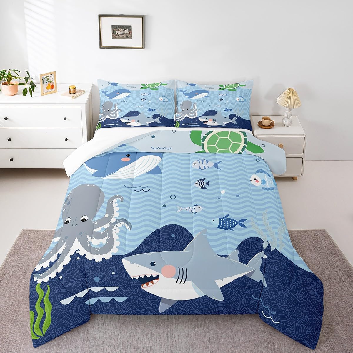 Homewish Shark and Whale Comforter Set,Cartoon Sea Animal Bedding Set for Kids Girls Women,Adults Octopus Turtle Comforter,Underwater World Quilted Duvet Set Bedroom Collection Twin Size 2Pcs
