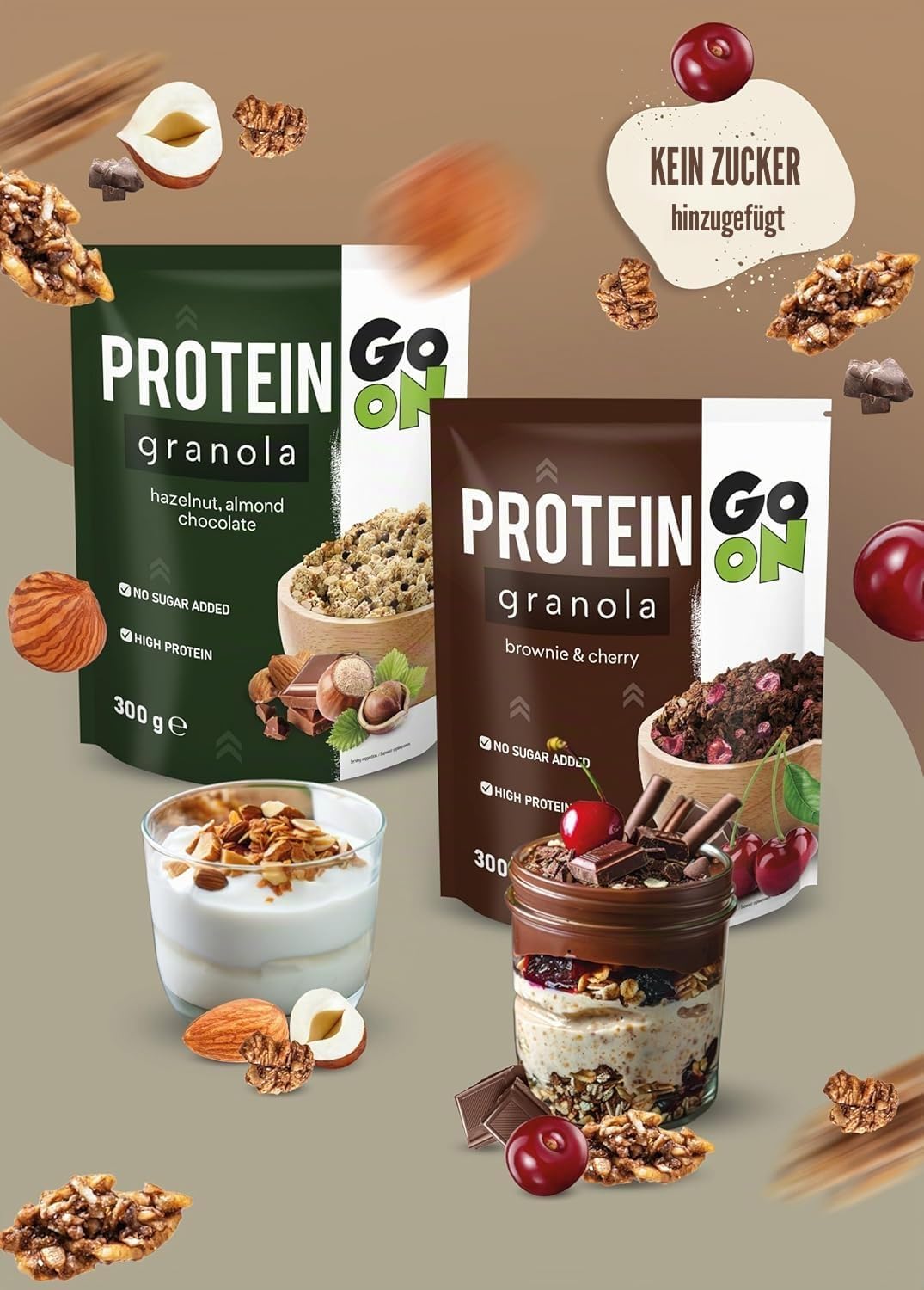 GO ON - Protein Granola 8x300g, Müsli ohne Zucker, Knuspermüsli, Müsli mit Pflanzlichem Eiweiß, Gesundes Frühstück, Getreideflocken - Schokolade und Nüssen