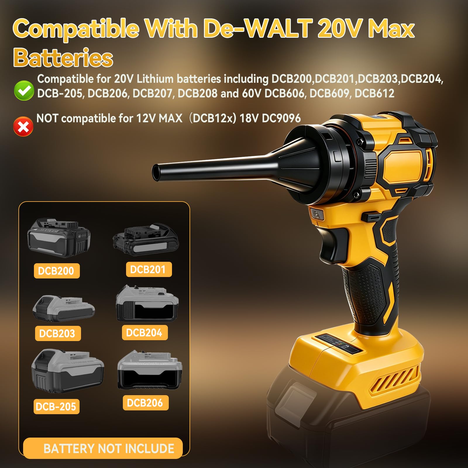 Soffiatore di foglie a batteria compatibile con DeWalt, soffiatore portatile e aspirante, ventilatore elettrico da giardino, 130.000 giri/min, 6 accessori per la cura del prato, cortile, foglie