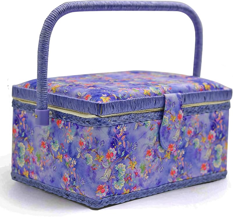 Cesta de costura con suministros de costura, caja de costura mediana para almacenamiento de accesorios, flor morada