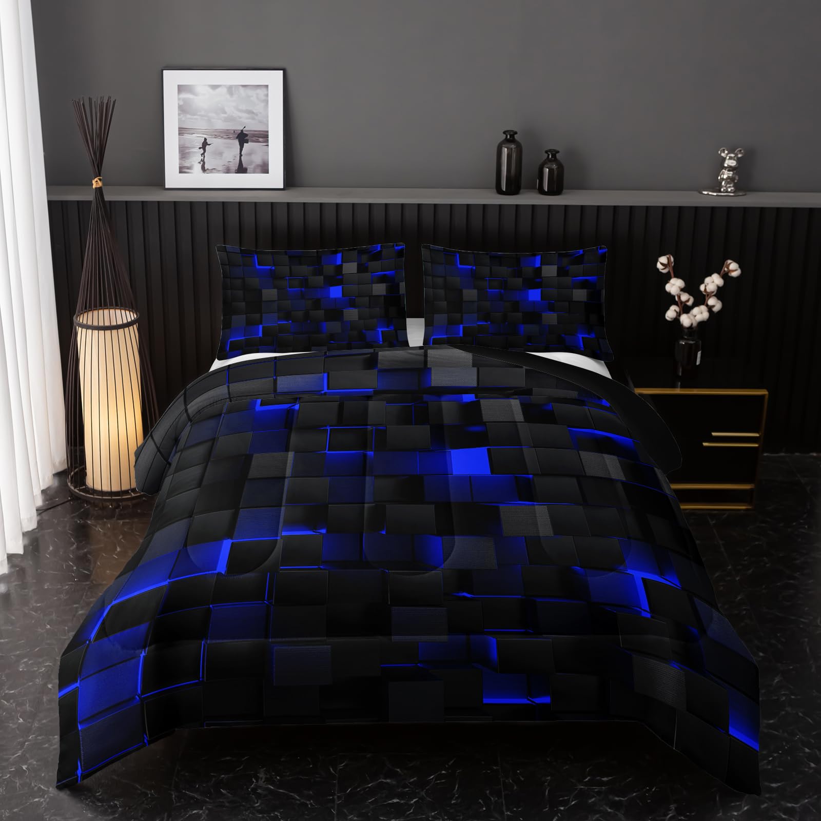 Nttopship Neon Blue Black Comforter Set King Geometric Kids Bedding Set,3 PCS Geometry Honeycomb Bed Set Modern Quilt Set 1 Comforter 2 Pillow Cases