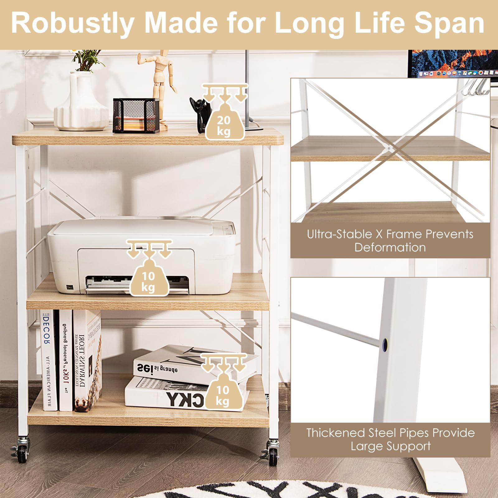 HOMASIS Carrello Porta Stampante a 3 Livelli in Legno, Carrellino con Ruote Portatutto con 10 Ganci, Struttura a X, Ripiani Regolabili 2 Ruote con Freni, Scaffale Multiuso per Ufficio (Beige)
