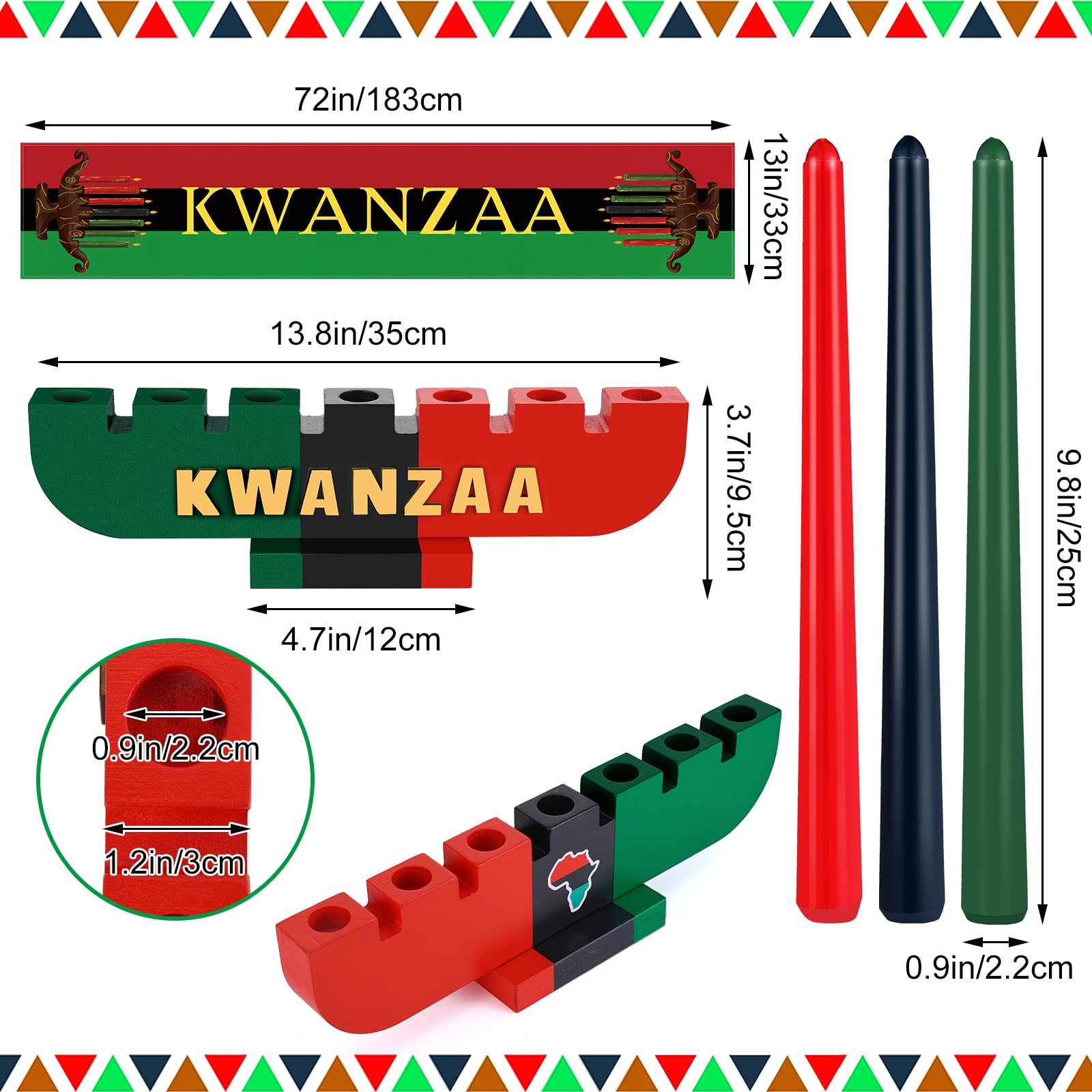 9 Pcs Kwanzaa Kinara Set With Candles Holder - 3 Red, 3 Green, 1 Black Candle and Table Runner for Celebration Decoration