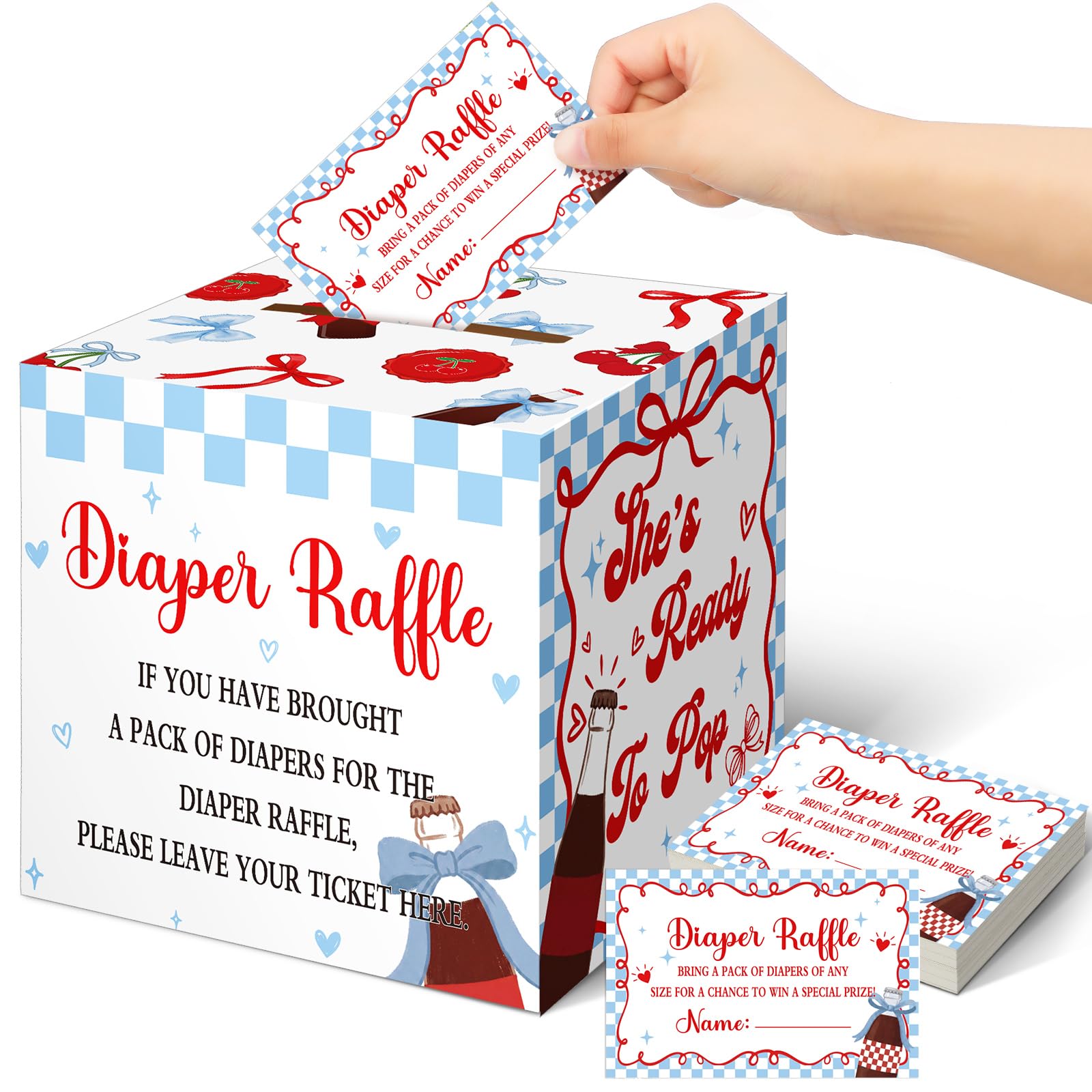Teling 51 Pieces Diaper Raffle Tickets with Card Box,She's Ready to Pop，blue