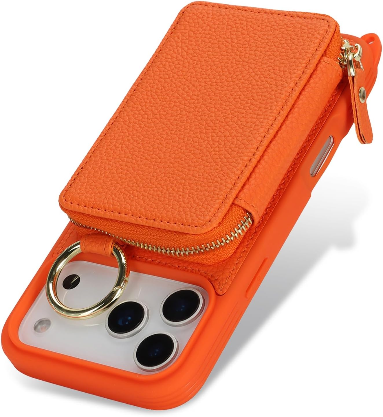 Jaorty Crossbody Wallet Case for iPhone 17 Pro Max with Shoulder Stap,Finger Ring, PU Leather Zipper Handbag Purse Flip Cover, Kickstand Folio Case with Card Slots Holder 5G 6.9 Inch, Orange