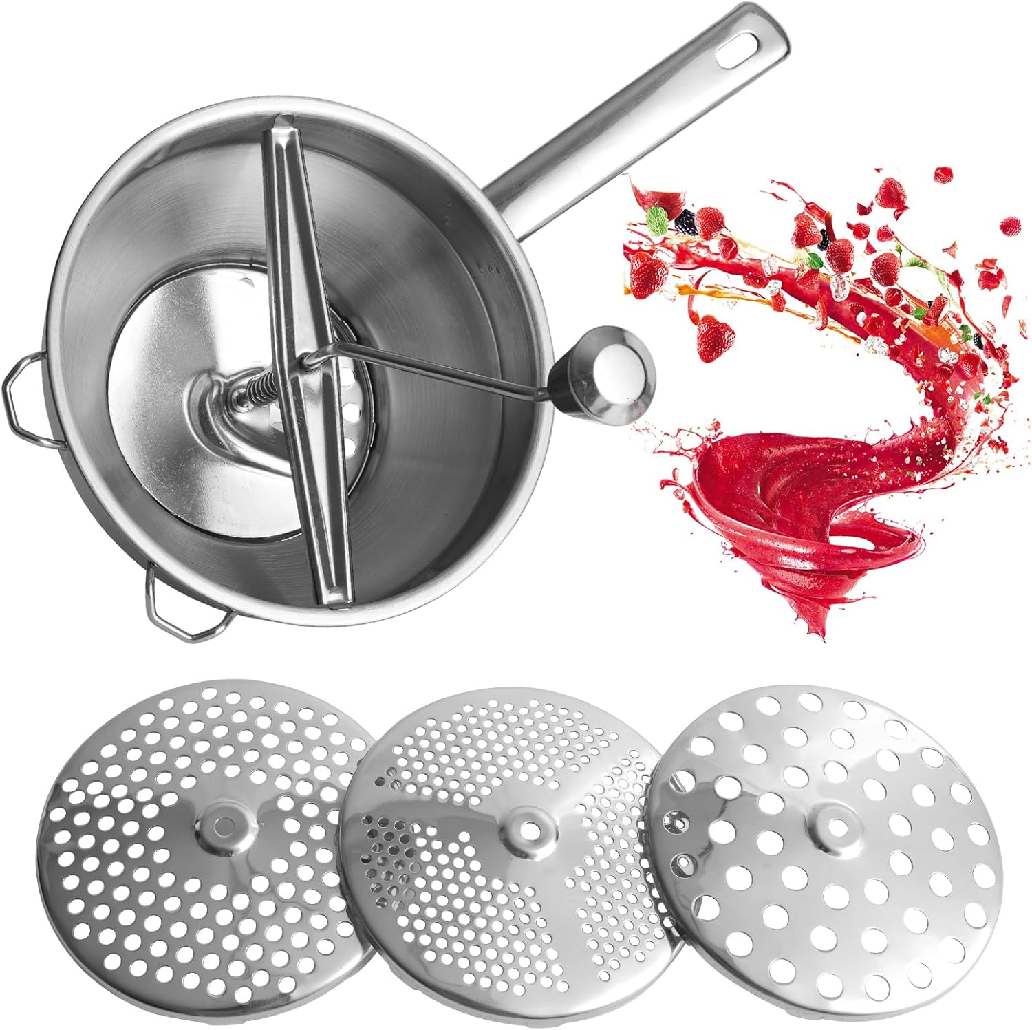 Food Mill Stainless Steel for Tomato Sauce with 3 Grinding Discs, Milling Handle & Stainless Steel Bowl, Ergonomic design Of Rotary Food Mills For Potatoes