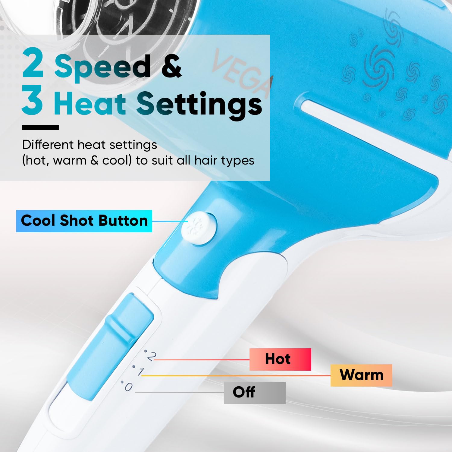 VEGA U Style 1400-1600W Foldable Hair Dryer for Women & Men with Cool Shot Button, 2 Speed/3 Heat Settings, 16 Amp Plug Detachable Nozzle, Travel Friendly, Fast Hair Drying, 2 Year Warranty (VHDH-32) 2