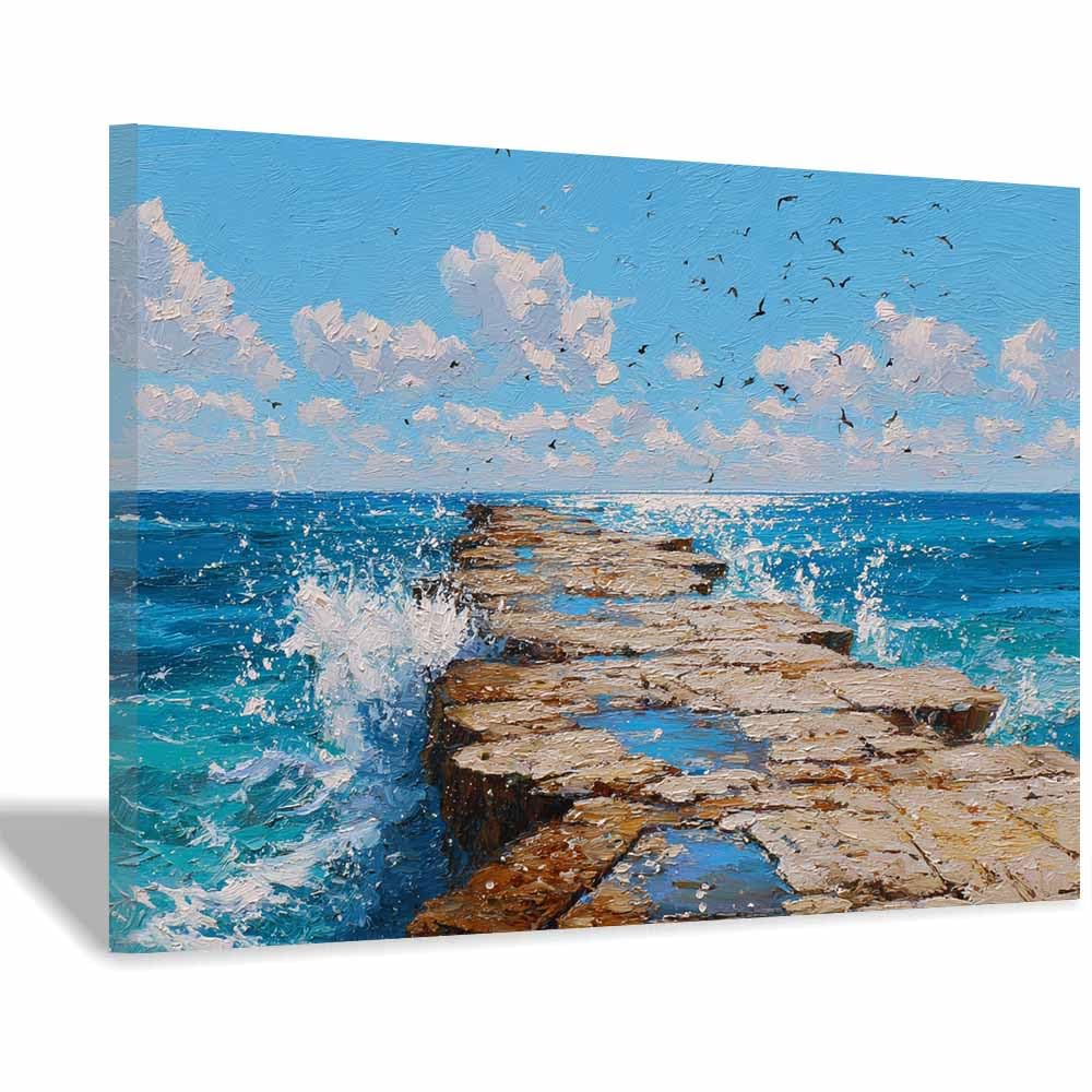HOQIU Natural scenery wall art Coastsal Pier Seaside Viewss decorative painting, wall art, for Living Room Bathroom Bedroom Kitchen Decoration.(Multicolor)-60x80cm Framed