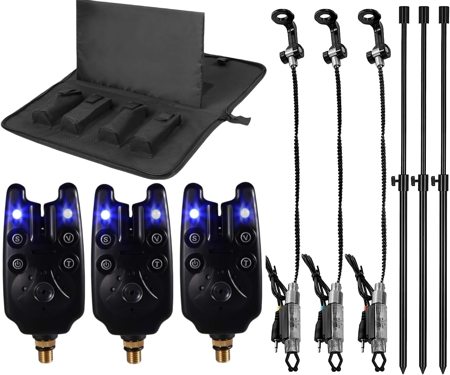 LSOSVSEU's 3 LED Fishing Alarms & Banksticks & Swingers with Waterproof Tool Bag for Ice & Night Fishing
