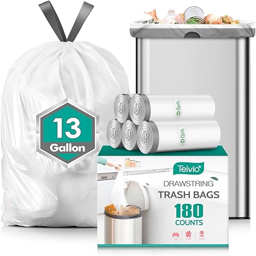 Teivio Bolsas de basura de plástico medianas con cordón de 13 galones, 180 unidades, fuertes y altas, para el hogar, cocina, jardín, oficina,