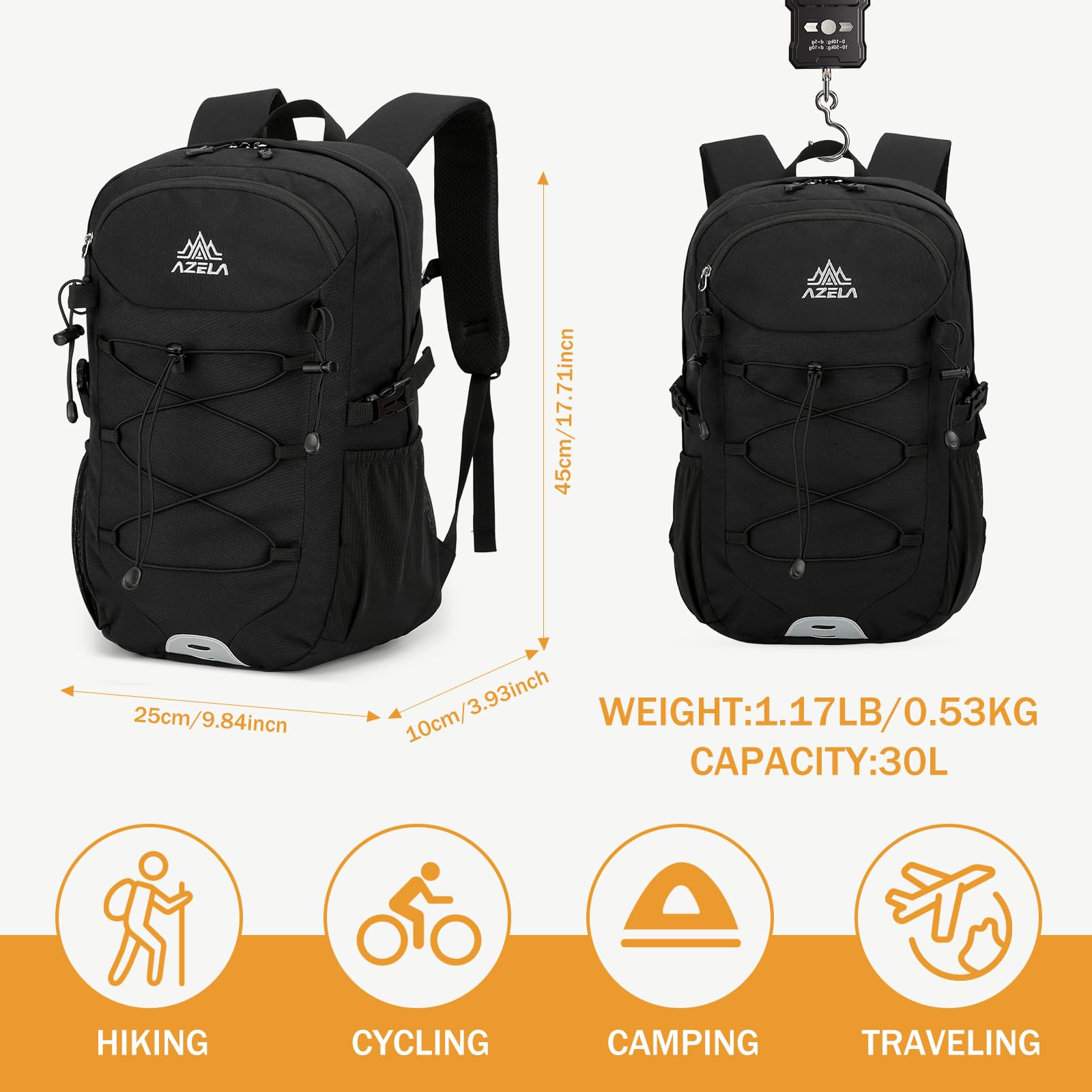 GES Zaino da trekking multifunzione da 30 l, con copertura antipioggia, zaino da trekking resistente, per scuola, lavoro, campeggio, trekking, ciclismo e sport all'aria aperta