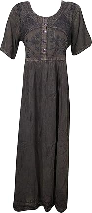 Mogul Interior Women Maxi Dresses Brown Embroidered Medieval Renaissance Boho Dresses M