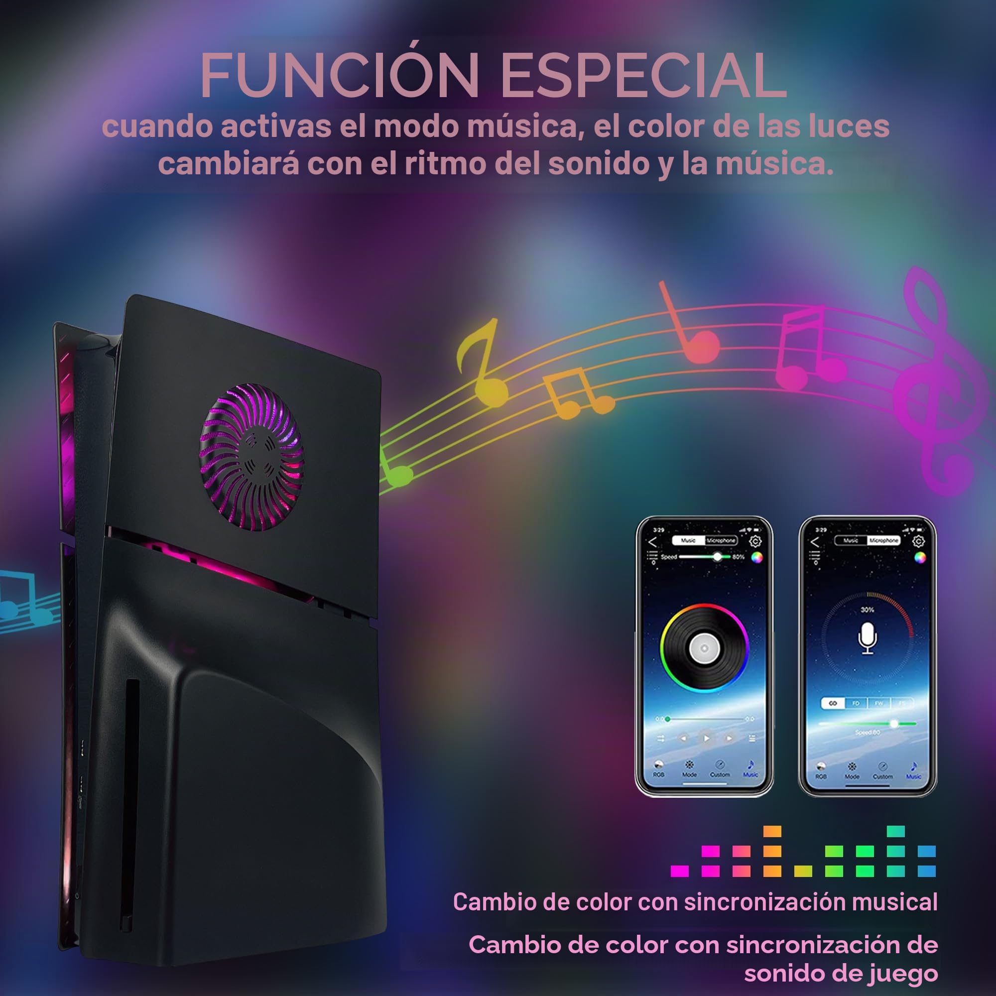 Placa frontal DOBEWINGDELOU para PS5 Slim Disc Edition con tira de luz RGB, filtro de polvo y ventilación, más de 400 efectos, anillo de luz LED