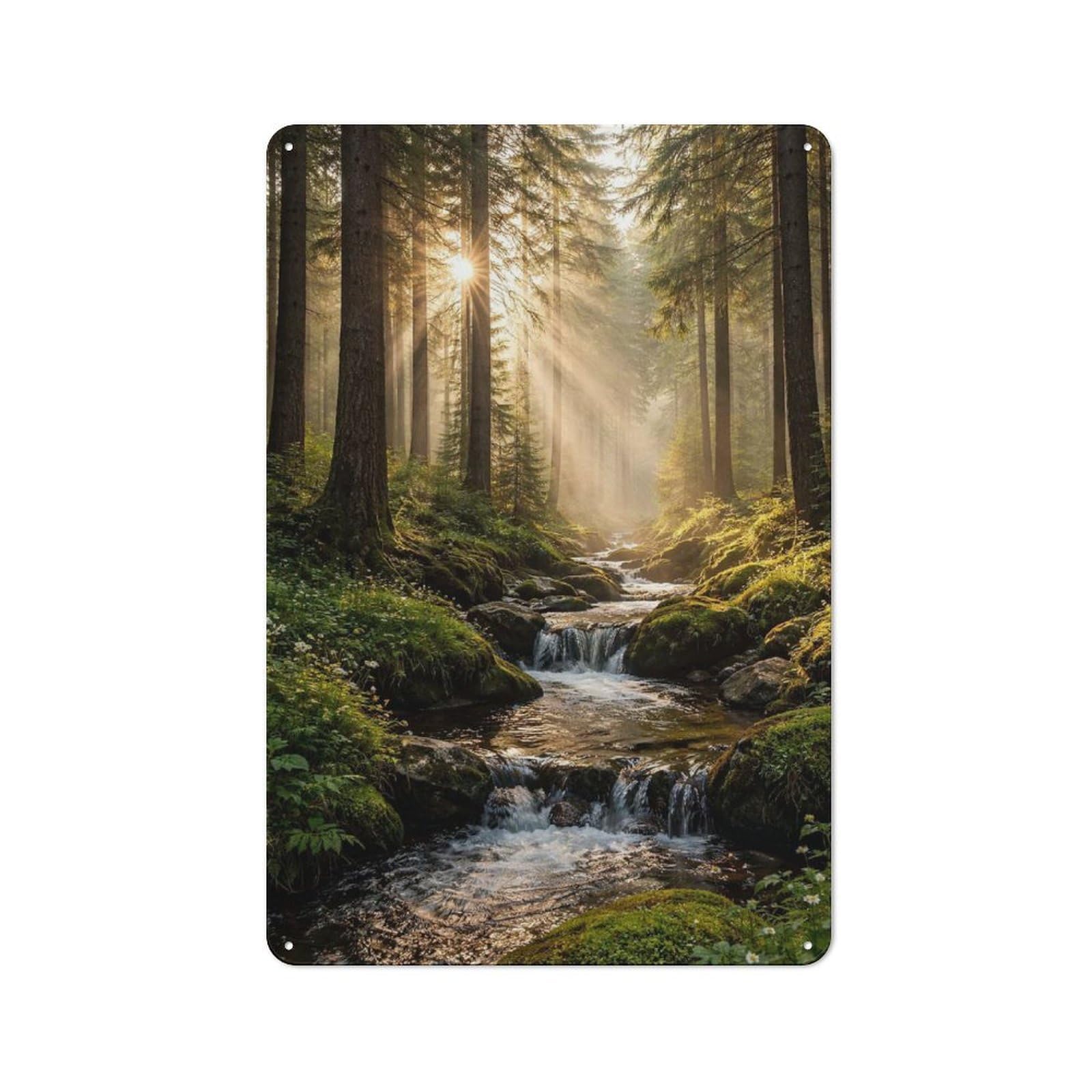 Junmoney Style-6 Understated Decorative Metal Sign 30X20cm Featuring Sunlit Forest Stream, Study Room Decor For Workspace, Cafe, Shop Or Desk Area