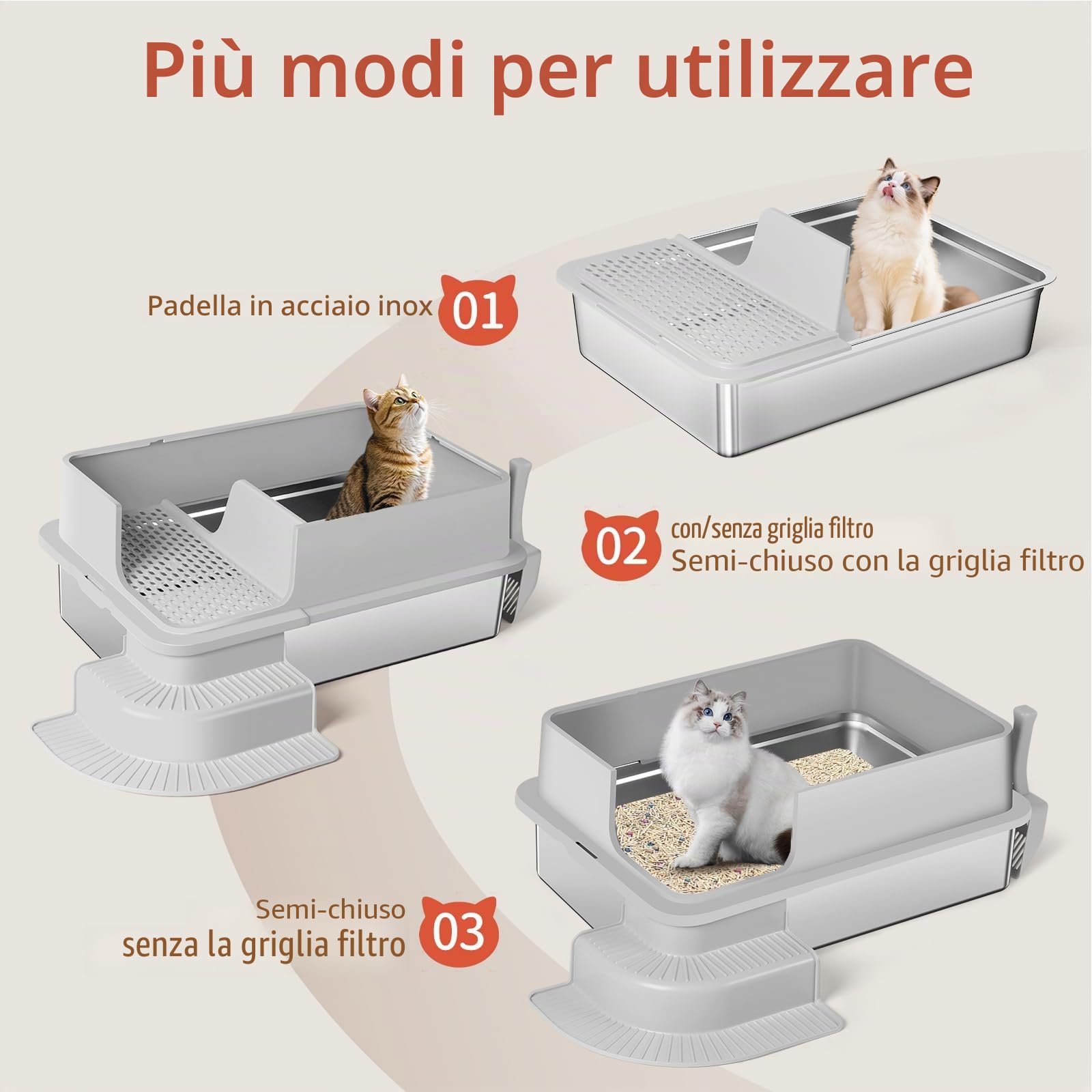 XXXL - Lettiera semi-chiusa in acciaio inox, 70 x 50 x 30 cm, parete laterale alta, in metallo, con passaggio filtrato, gradini, pala, non adesiva, facile da pulire (grigio chiaro)