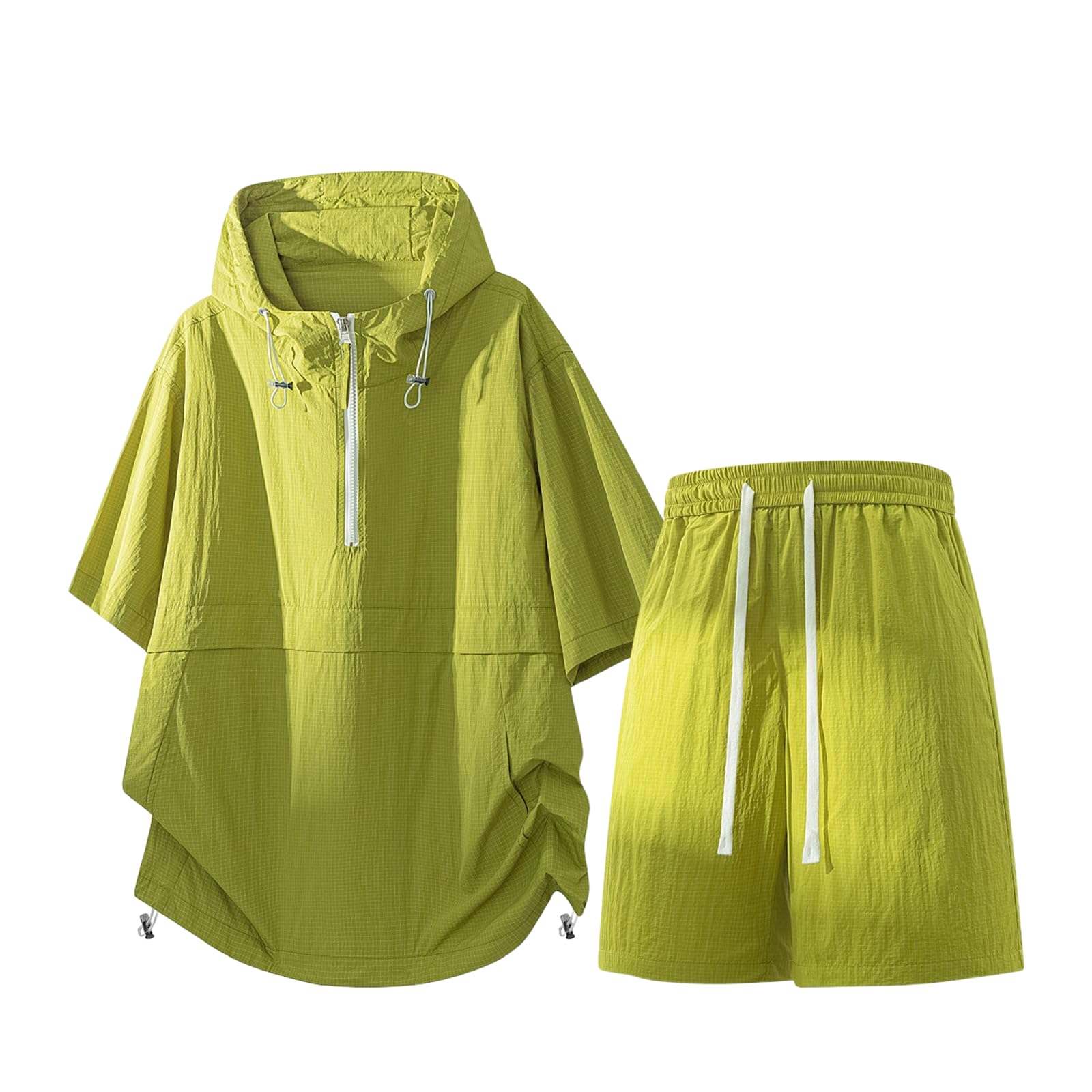 Men's Half Zip Hooded Sport Set Ice Silk Quick Dry T-shirt Shorts 2 Piece Summer-Black-XL