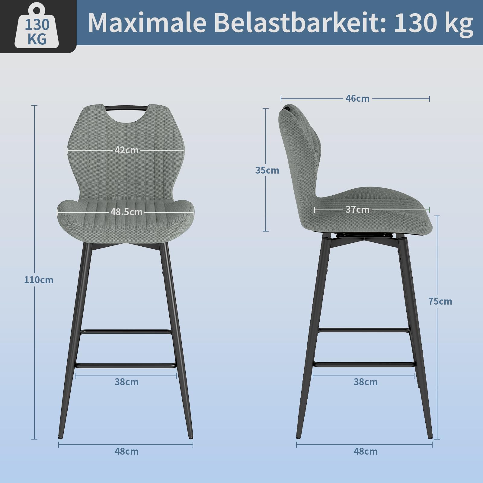 WAFTING 360° Drehbar Barhocker 2er Set, 75cm Sitzhöhe, Atmungsaktiver Barstuhl mit Griff, aus Stoff, Gepolstert, mit Lehne & Fußstütze, für Küche, Theke, Esszimmer, Dunkelgrau