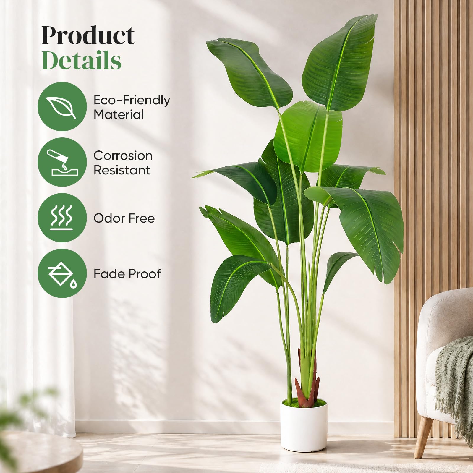 Oiseau de paradis artificiel - 150 cm - Grand bananier tropical artificiel avec 10 feuilles - Plantes artificielles comme de vraies plantes avec pot blanc - Pour décoration de chambre, bureau, chambre