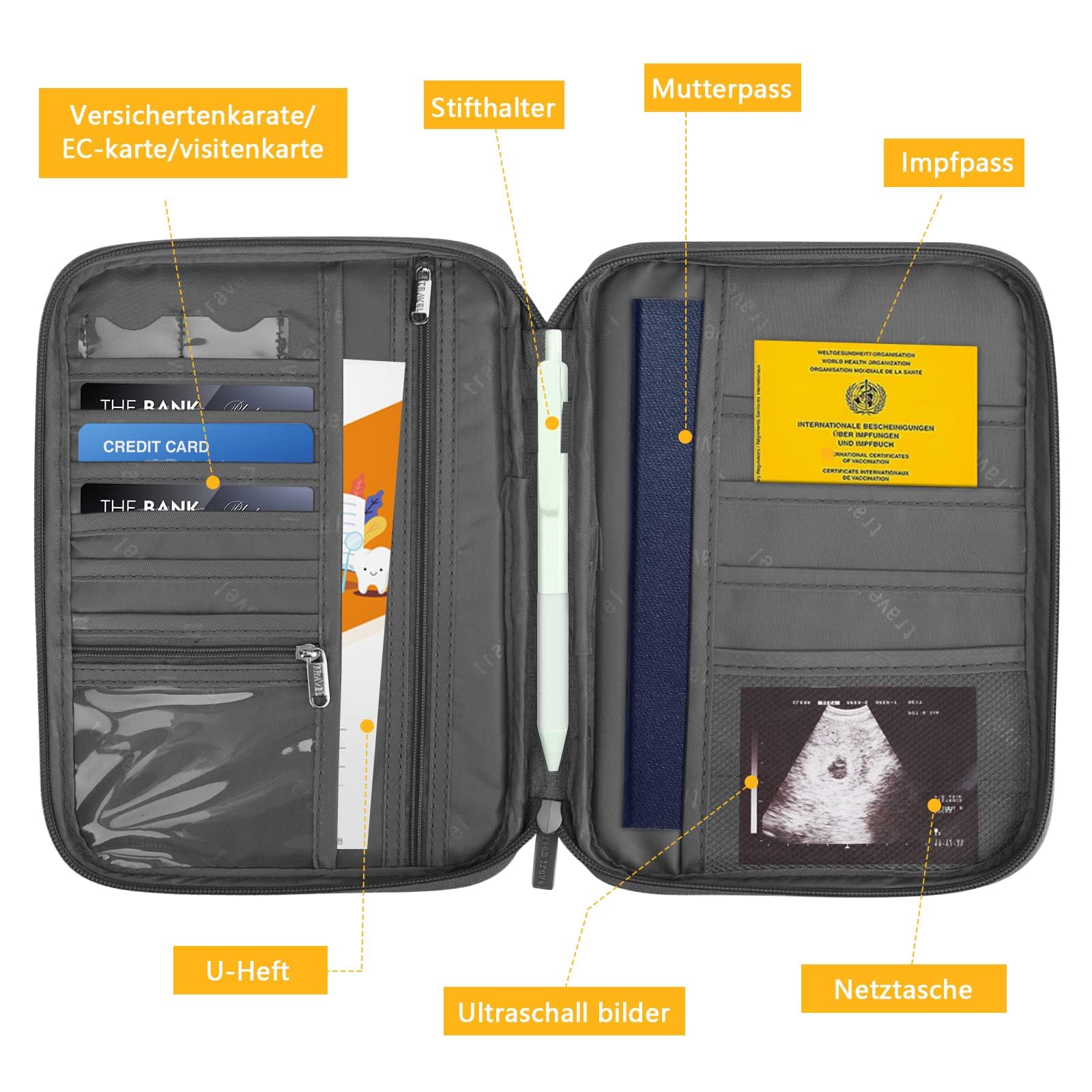 Organisateur de voyage avec fermeture éclair, porte-documents en tissu Oxford, organisateur multifonctionnel pour passeport et cartes, gris