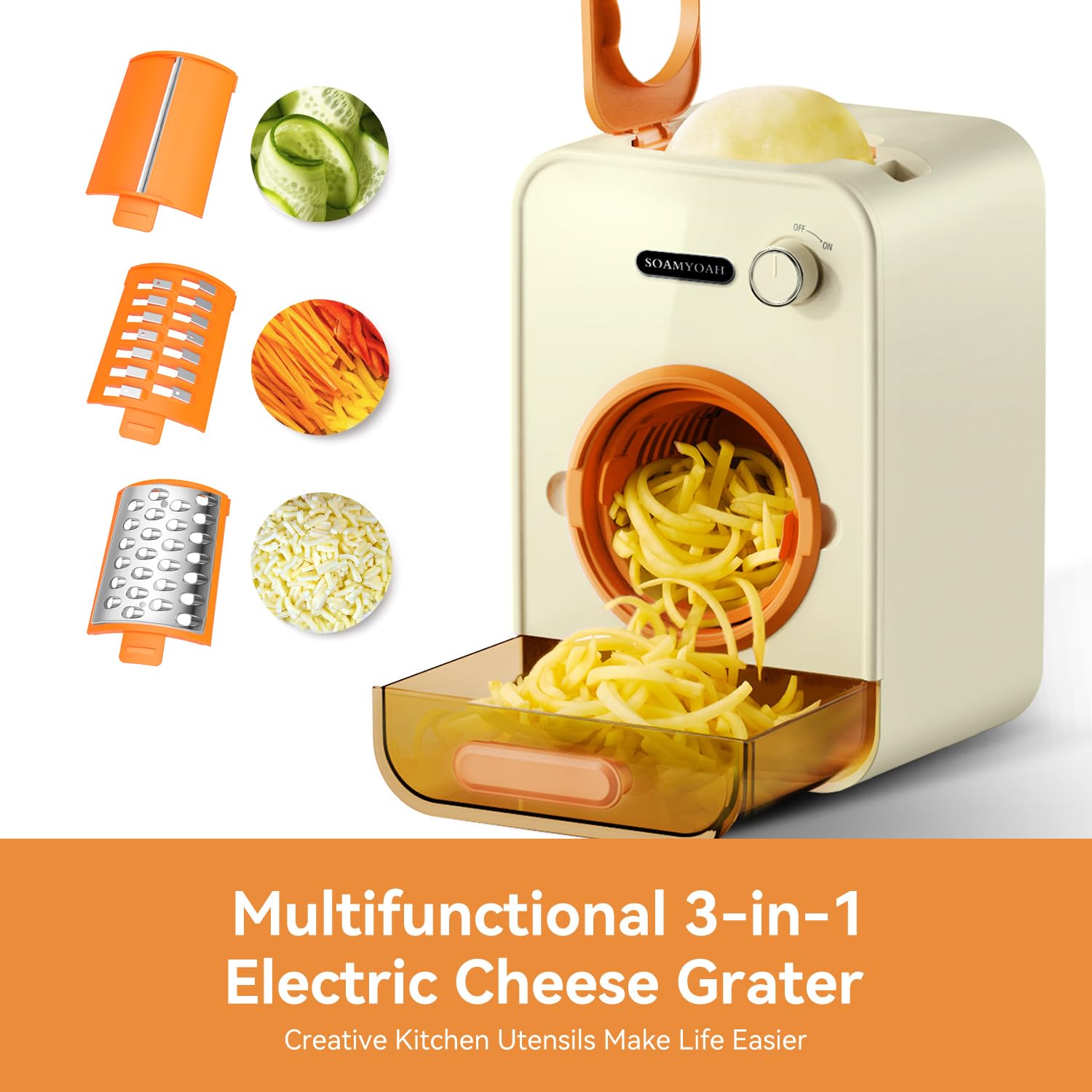 Efficient Electric Cheese Grater with 3 Set Blades, Slicing & Grating & Shredding for Carrots, Potatoes, Cabbages & More Vegetables & Salad, 4