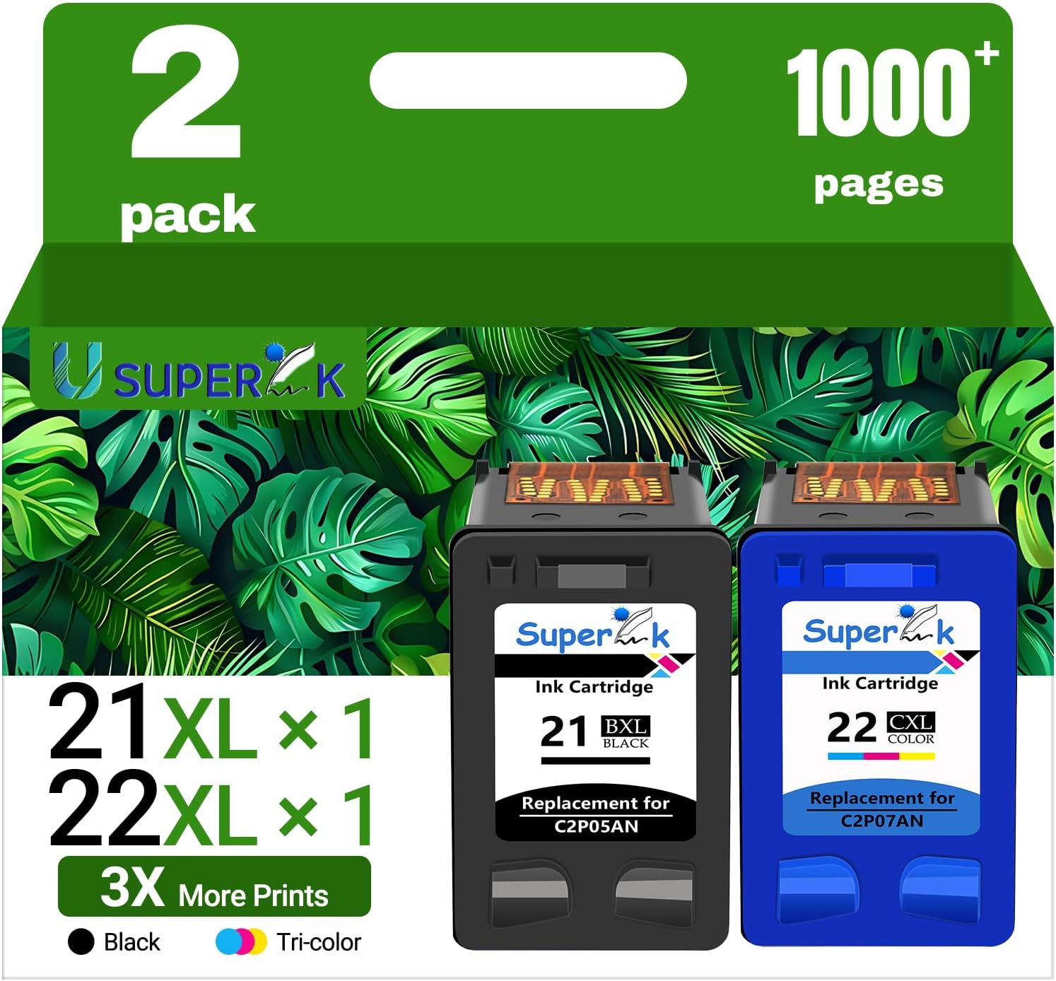 SuperInk Remanufactured High Yield Ink Cartridge Compatible for HP 21XL 21 22XL 22 Work with DeskJet D1520 D2345 F4140 F4180 F380 D1320 D1330 Officejet 4315 J3600 J3680 Printer(1 Black, 1 Tri-Color)