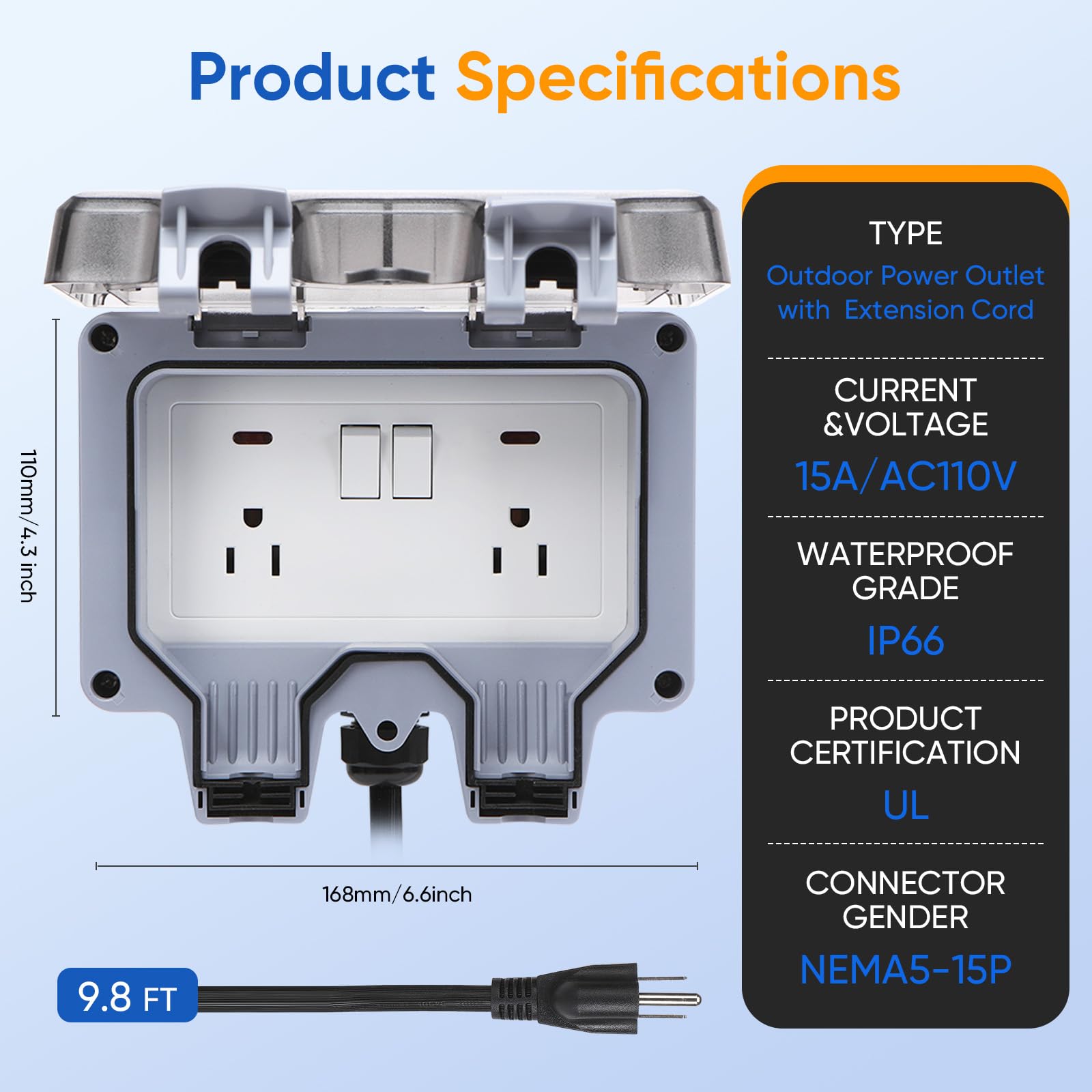 Toma de corriente para exteriores, cable de extensión impermeable de doble pared con interruptor de encendido y apagado y luz indicadora, toma de corriente externa eléctrica exterior, toma