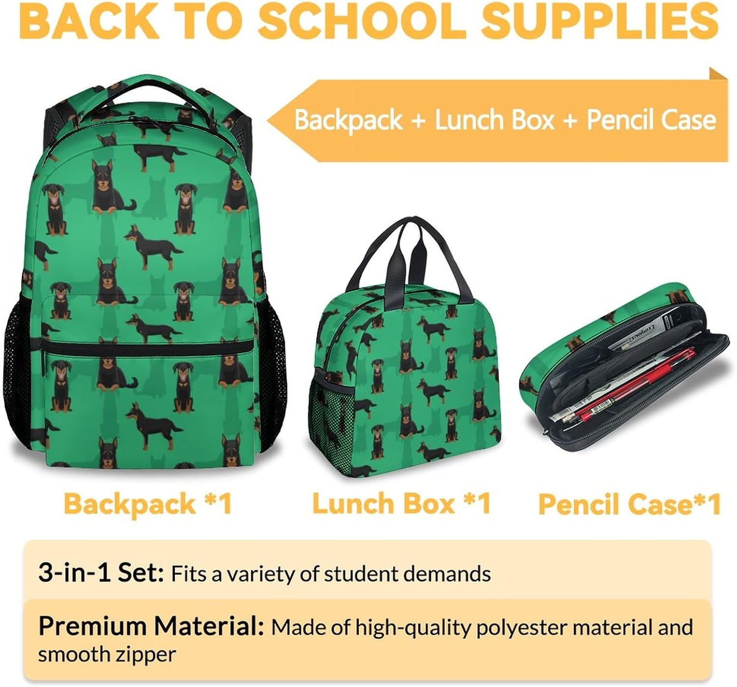 Doberman Backpack with Lunch Box and Pencil Case, 16 Inch Cute Dog Theme Bookbag Durable, Lightweight, Large Capacity, Funny Animal Backpack for School Kids Women