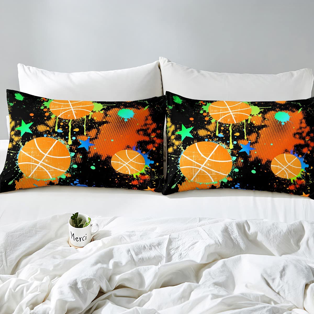 Xisnuient Set Biancheria Letto Sportivo Calcio E Basket: Copripiumino Con Federa In Poliestere Morbido, Stile Graffiti Colorato, Cameretta Ragazzi (Marrone, 135x200 Cm Singolo) - 4