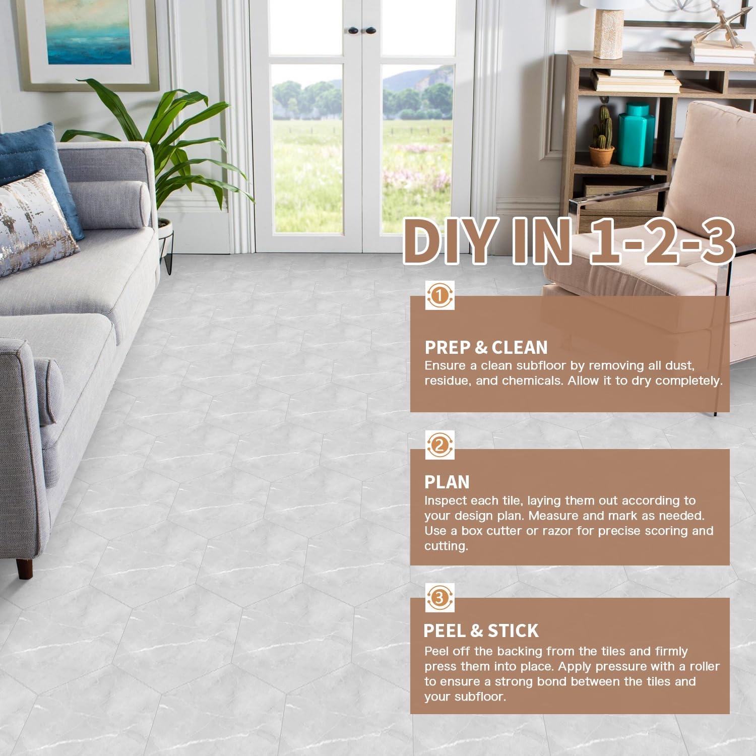 Snapklik.com : MORCART 20-Pack Hexagon Vinyl Floor Tiles Gray Marble ...