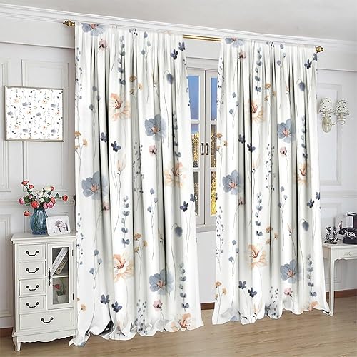 Miniatura 4 de Cortinas florales de acuarela, flores abstractas azules y beige, ramas, hojas, fondo impreso, mangas para barra, cortinas de ventana para sala de