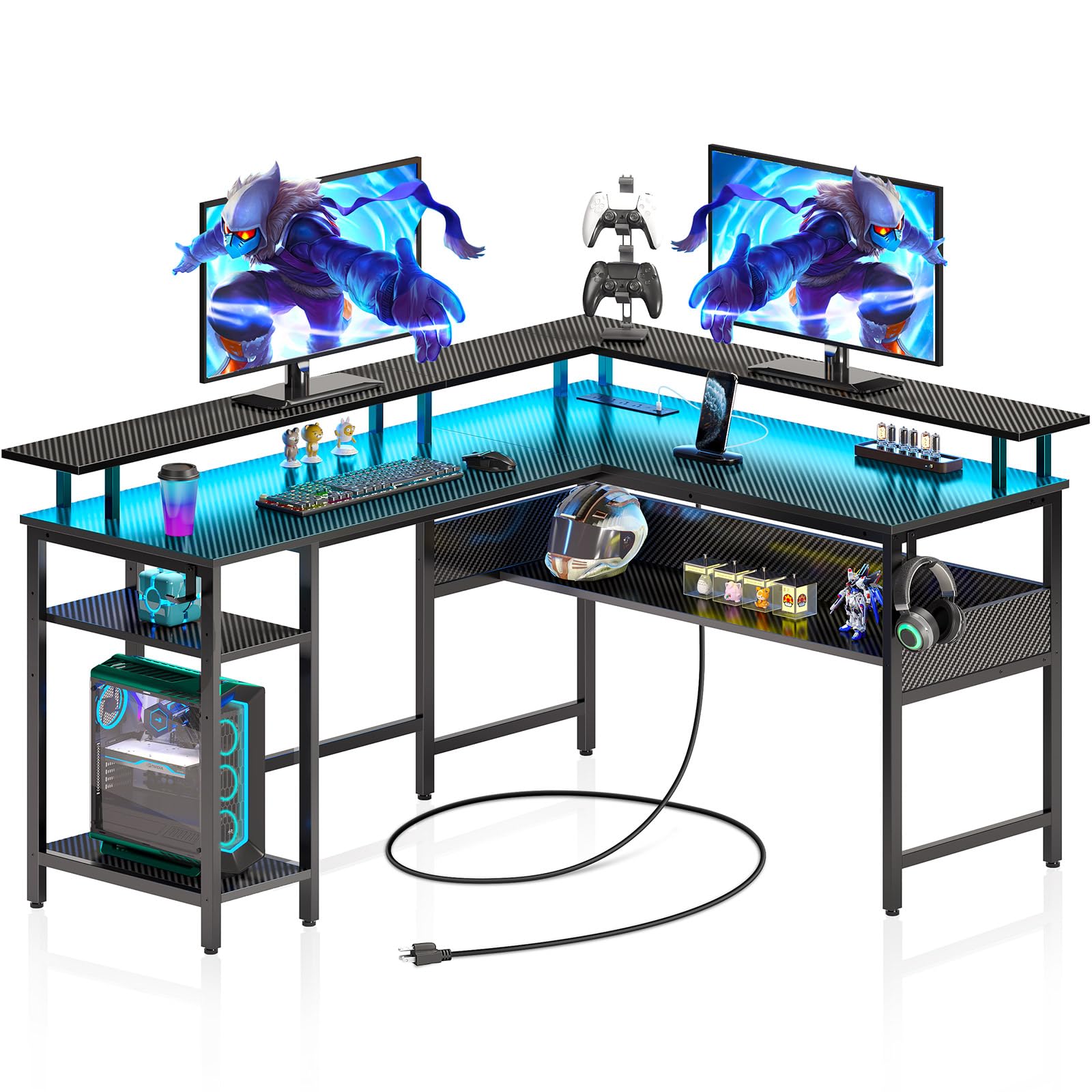 RolanstarComputer Desk 56.7" with LED Lights and Power Outlets, Carbon Fiber Surface, Reversible L Shaped Gaming Desk with Monitor Stand, Office Desk with Storage, Desk with USB Port and Hook