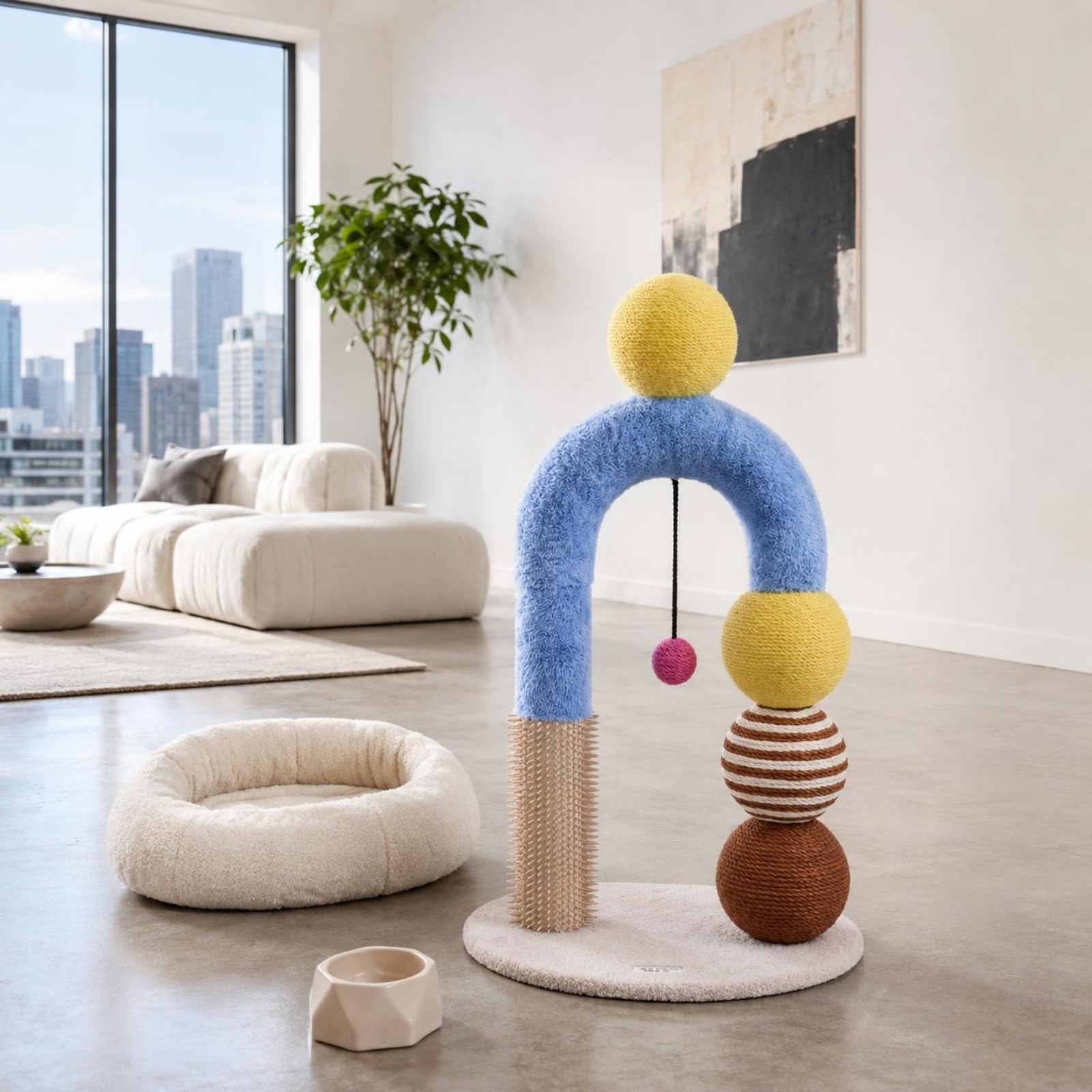 Tiragraffi per Gatti Colonna Tiragraffi con Arco Base Ovale Compatta Post Rivestito in Sisal Giocattolo Appeso per Struttura Multistrato in Pannello E Tubo Cartone Adatto a Casa Salotto