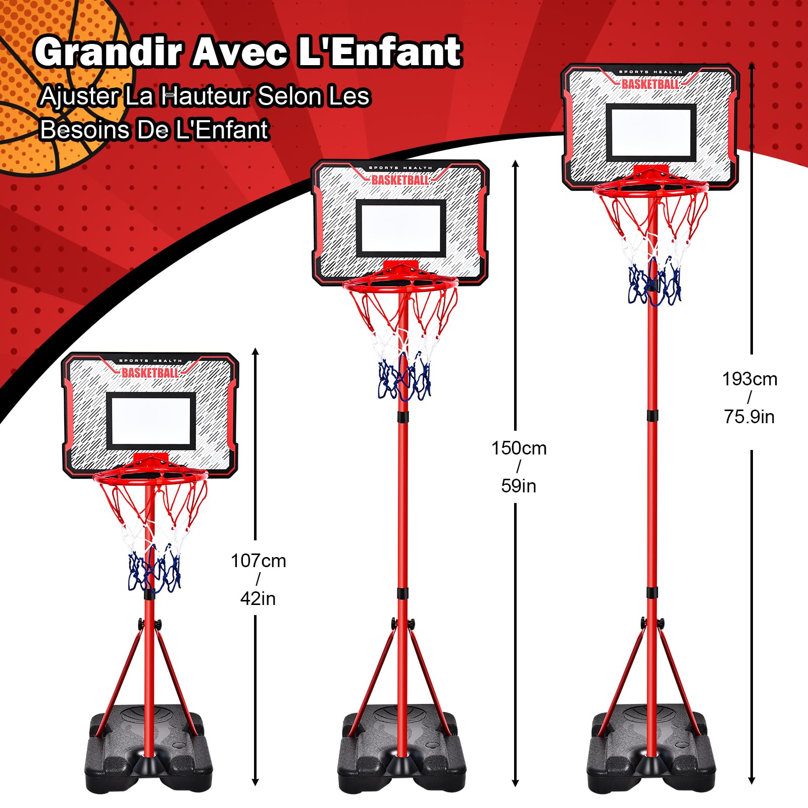 Herenear Panier de Basket pour Enfants, Hauteur Réglable 107-193 cm, 2 en 1 Basket et Fléchettes, Intérieur et Extérieur, Portable avec Base de Lestage, pour Enfants de 3 à 8 Ans (Orange)