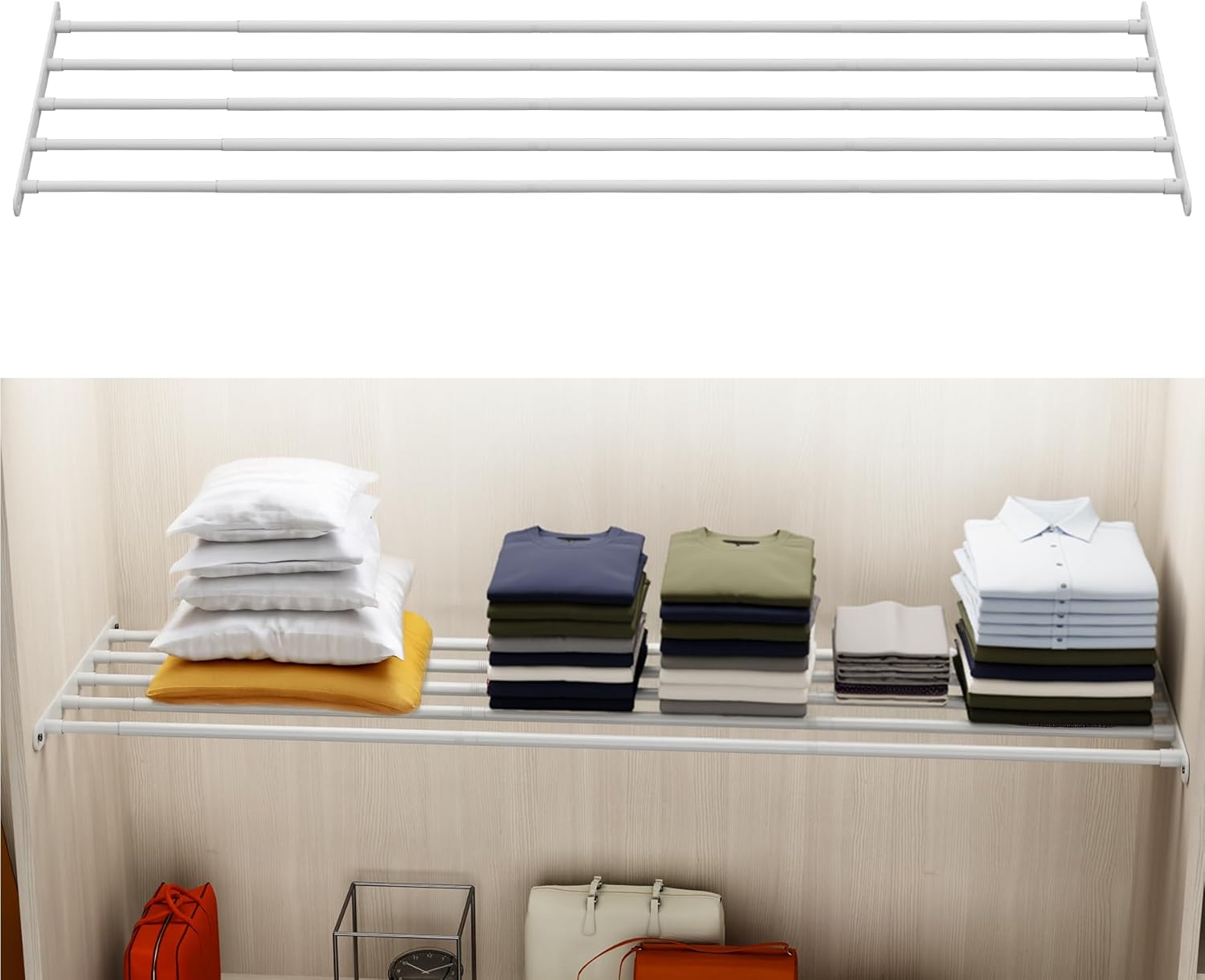 Expandable Closet Shelf Wall-Mounted Metal Storage Rack Adjustable Closet Rod DIY Divider Separator Space Saving for Cabinet Wardrobe Cupboard Kitchen Pantry Cupboard, 45.3-57 Inches 115.1-144.8cm/45.3-57inches