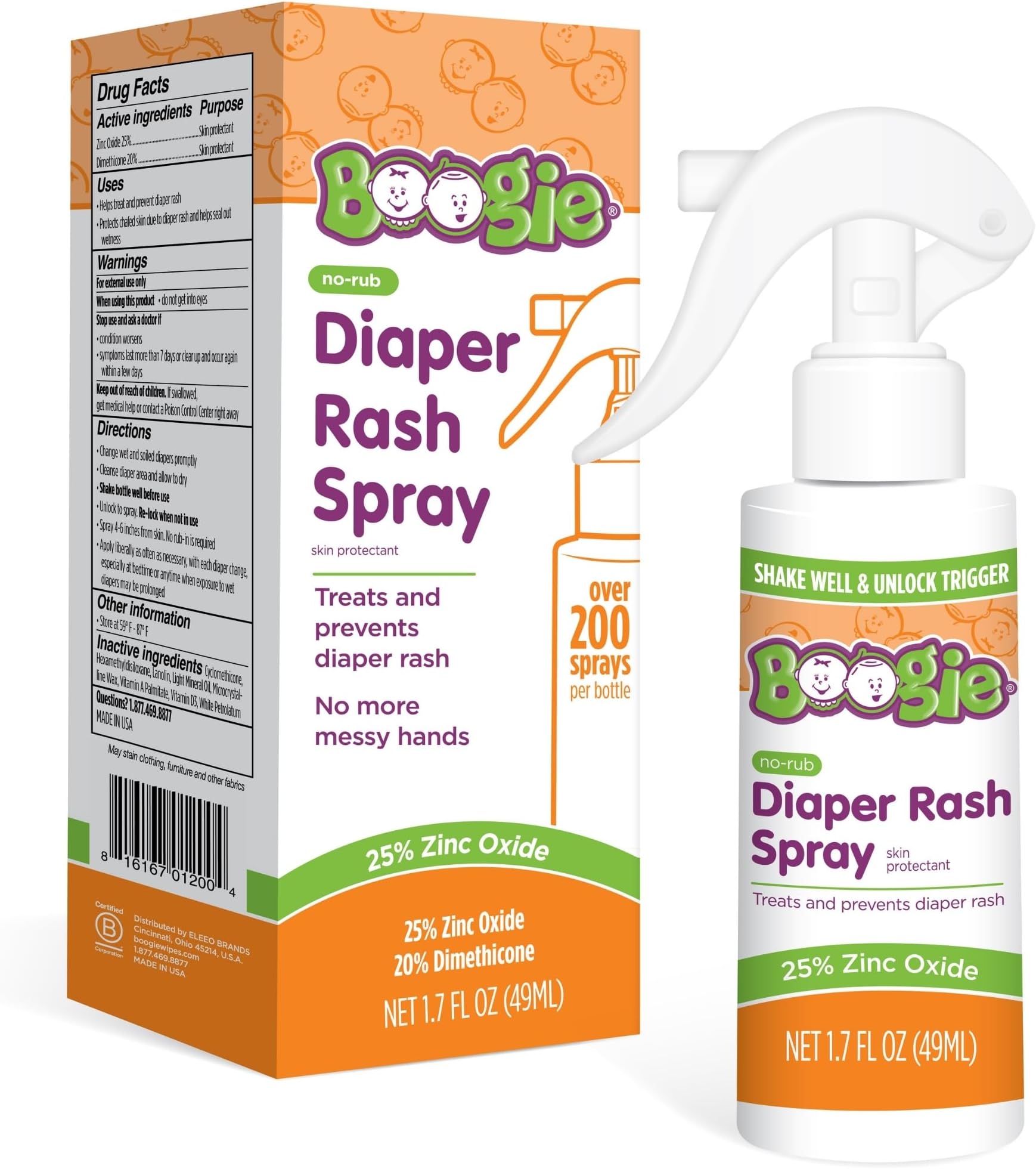 Boogie Diaper Rash Cream Spray for Baby, Travel Friendly No-Rub Touch Free Application for Sensitive Skin, Over 200 Sprays per Bottle, 1.7 oz (Pack of 1)