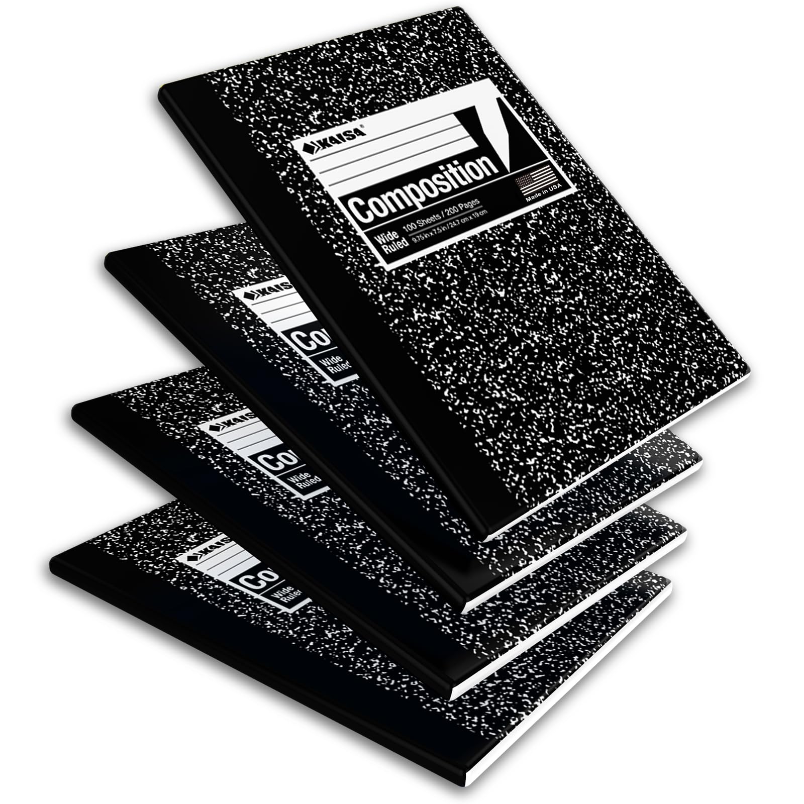 KAISA Klassisches Marmor-Kompositions-Notizbuch, breites liniertes Papier, fester Einband, 100 Blatt Notizbücher, 9,75 x 7,5 Zoll, 4 Blöcke