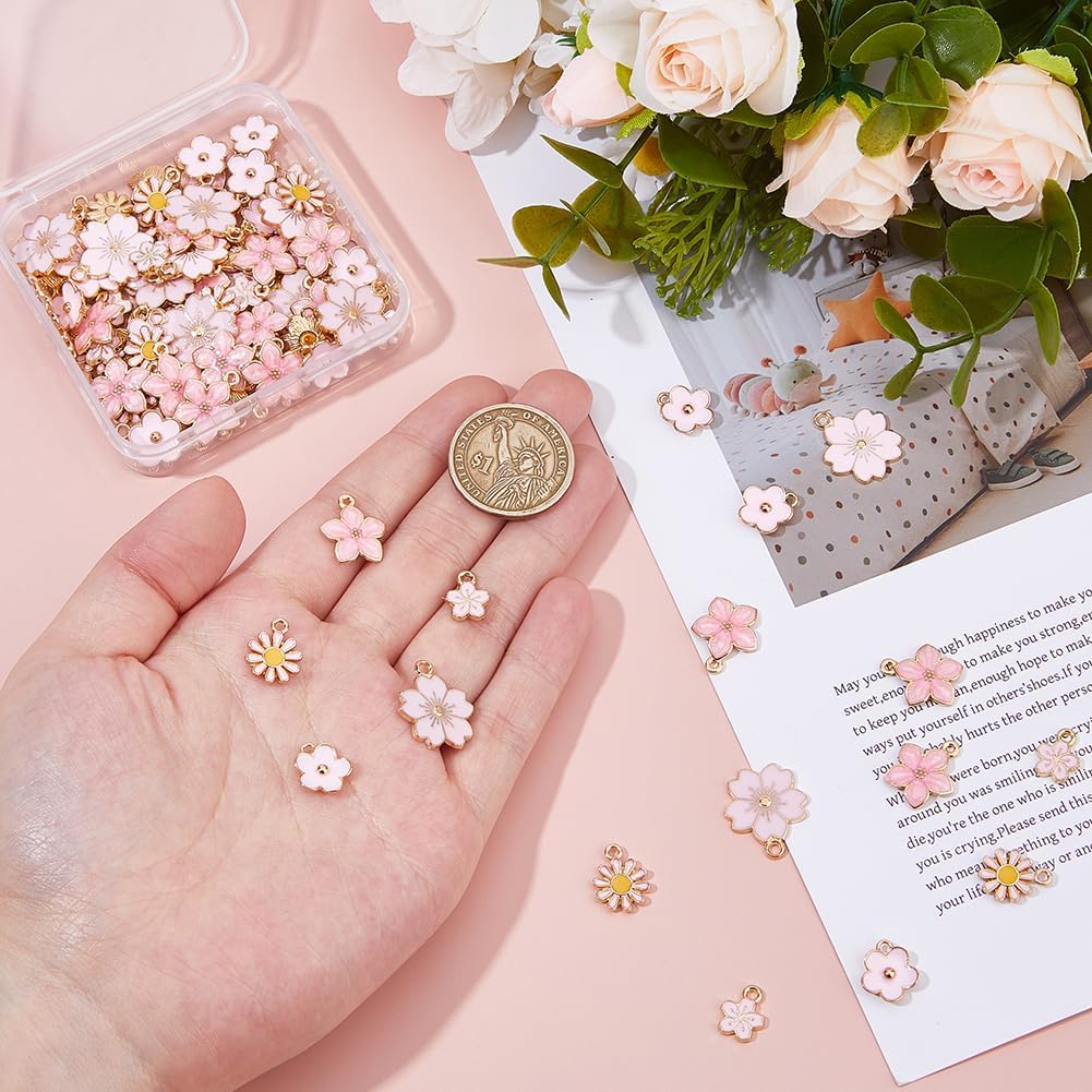 100Pcs Pink Floral Enamel Charms for Jewelry Making Bracelet Necklace Earrings Keychain DIY Accessories - Image 3