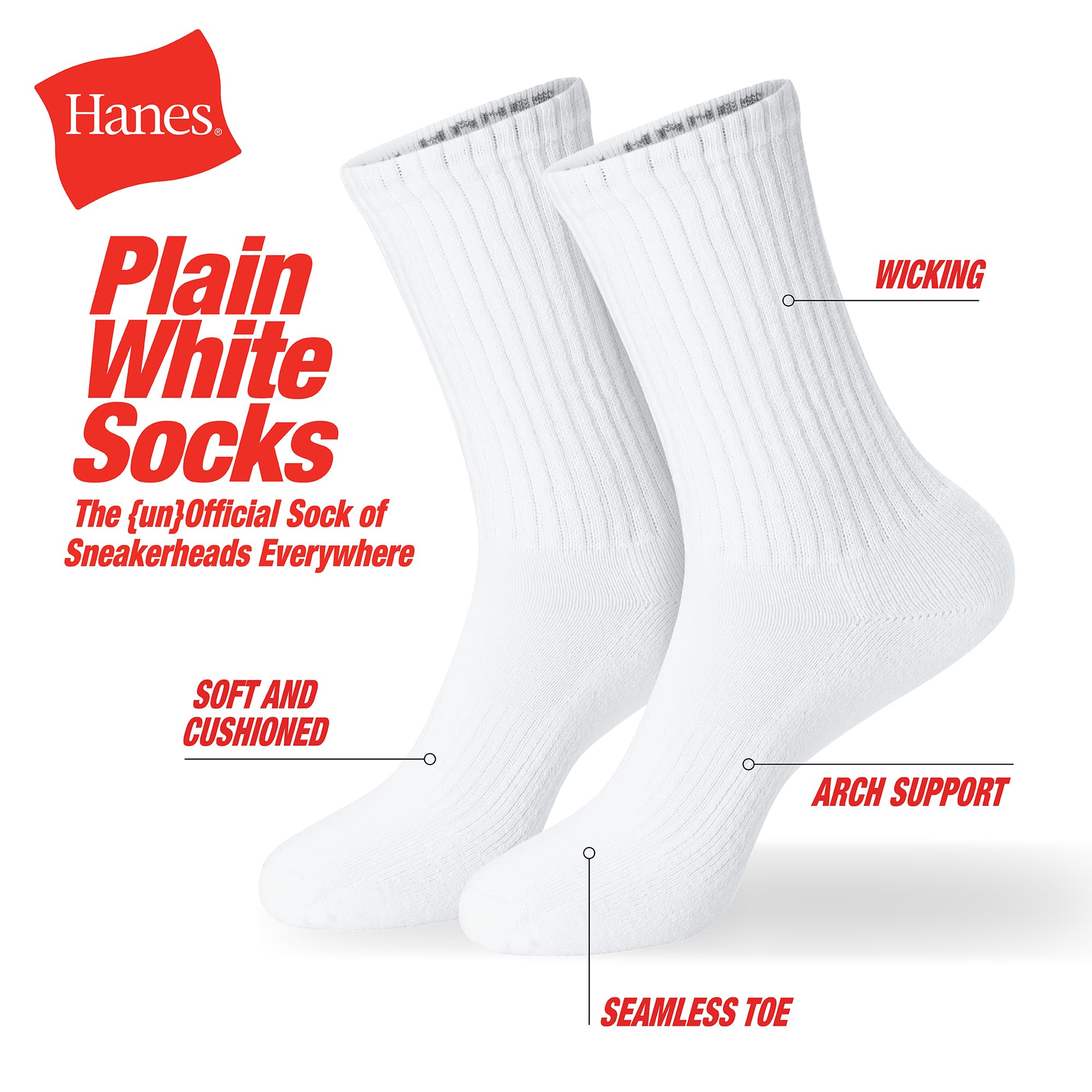 Hanes Unisex Plain White Socks Pack or Plain Black Socks Pack, 6 par, amortyzowany styl załogi
