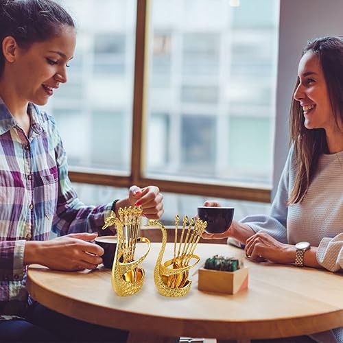 Miniatura 5 de Paquete de 14 soportes de base de cisne con tenedores de cuchara de café, juego de cubiertos de postre creativo, cucharaditas decorativas para