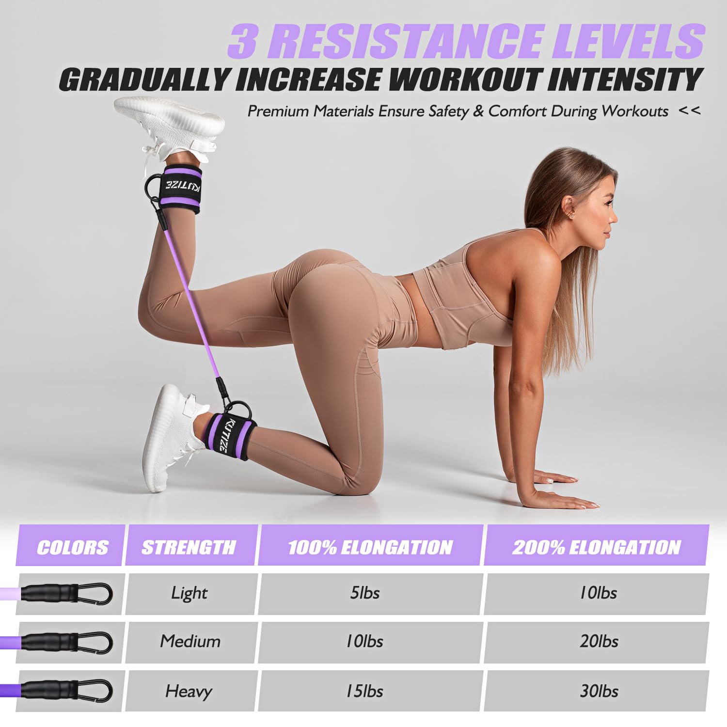 Bandas de resistencia al tobillo con puños y guía de entrenamiento, equipo de entrenamiento de piernas/glúteos para mujer para fitness en casa, bandas de ejercicio de empuje de cadera
