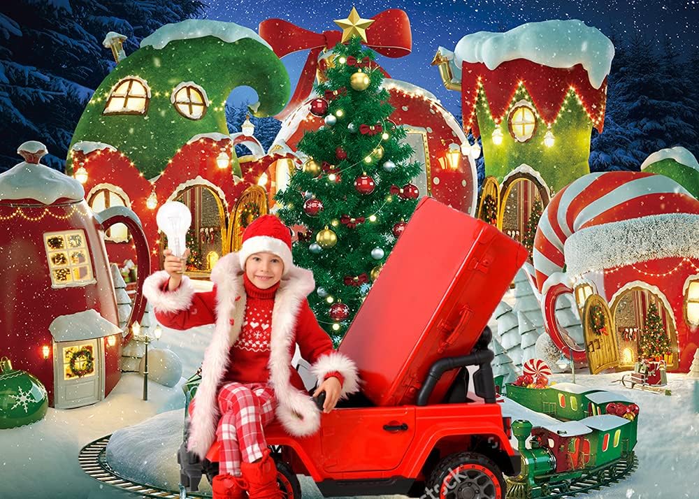 WANGRJ Christmas Village Backdrop Xmas Tree Candy Gift Winter Fairy House Background Kid Family Party Decoration Photo Booth Props 8x6FT - Image 5