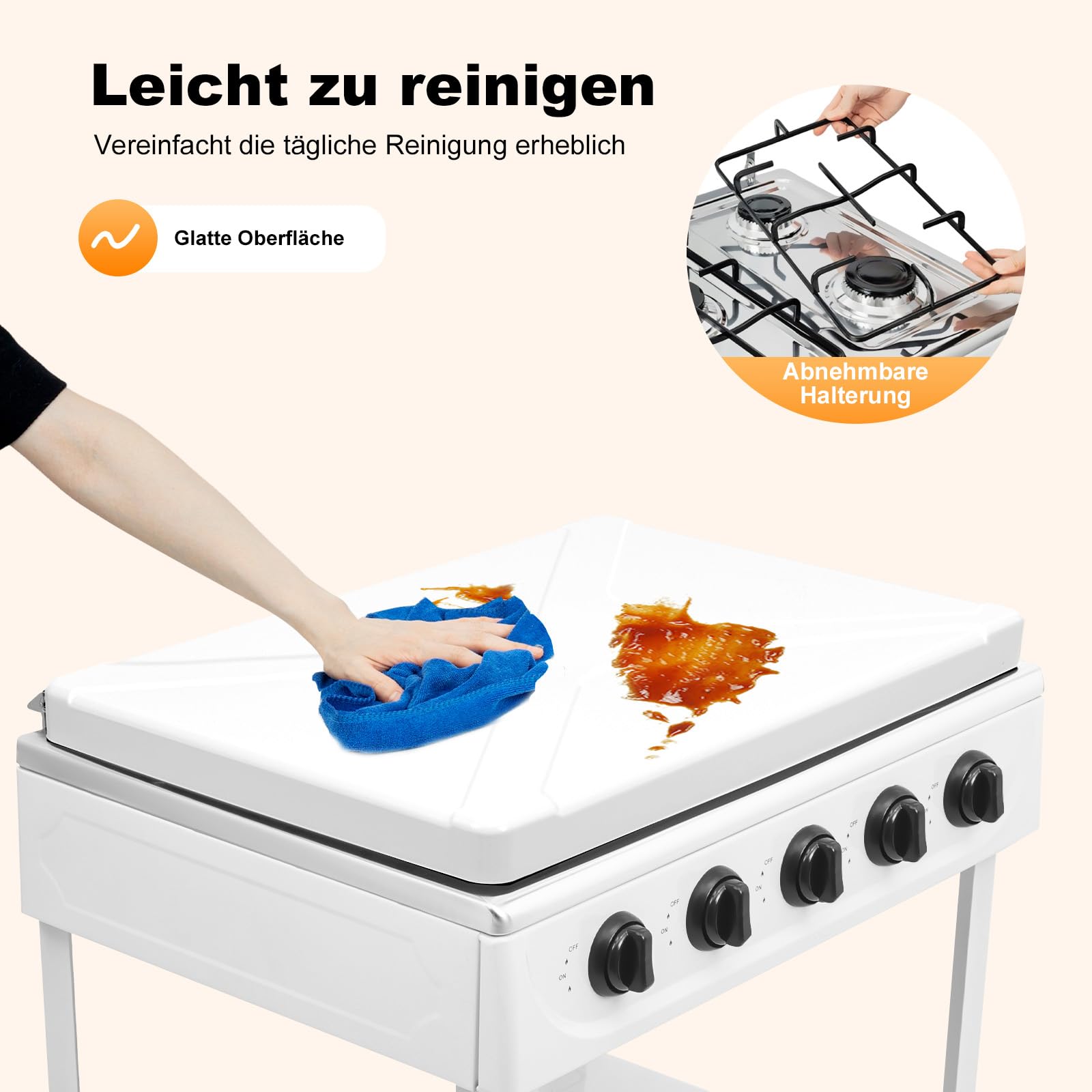 5 Flammiger Gaskocher Freistehender Campingofen Gasherd Gaskochfeld 5 Brenner für Camping Outdoor Gaskocher Tragbarer Gasherd für Wohnmobil mit Ablageflächen (Weiß, Fünf-Gitter)