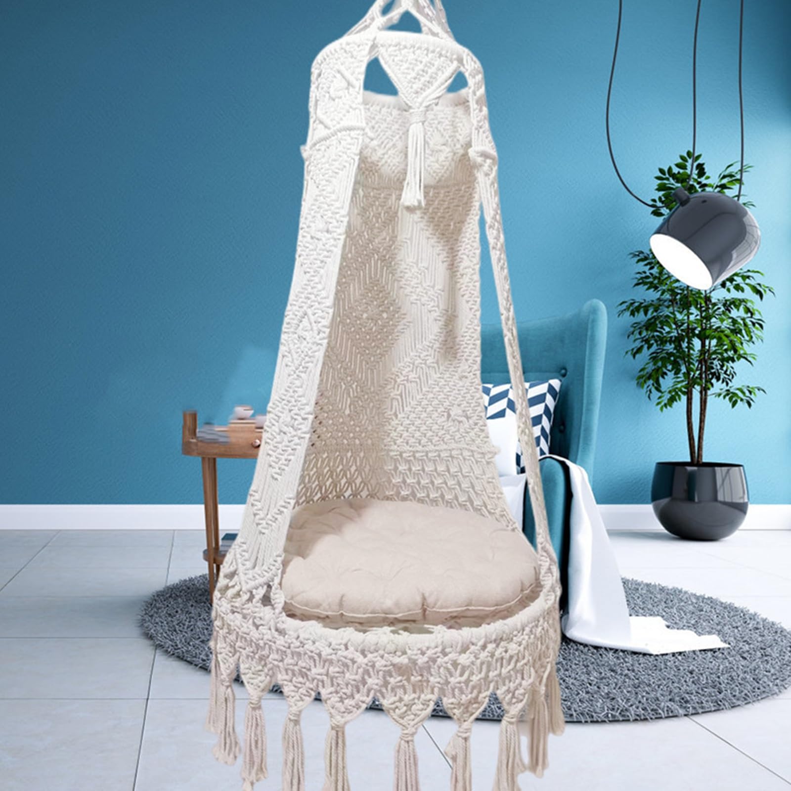 Poltrona Sospesa da Giardino Bianca Sedia Sospesa con Cuscino Rotondo, Sedia Amaca Altalena di Cotone Intrecciate per Interni Giardino e Terrazzo(100cm(39.37in))