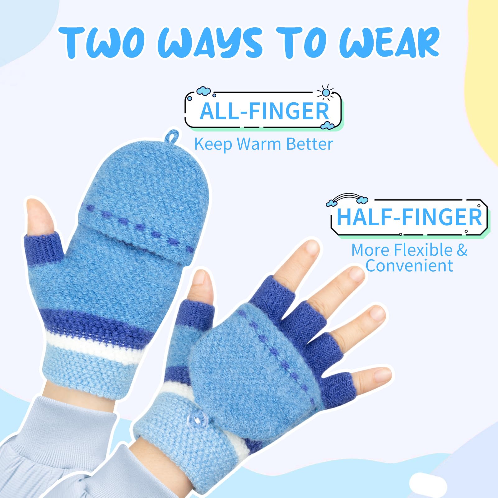 Kiiwah Guantes sin Dedos con Cubierta para Niños Niñas 5-10 Años, Mitones Niños Guantes Invierno Termicos Elásticas