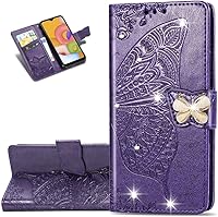 Vista 12 de Funda compatible con Galaxy A32 4G con diseño de mariposa con diamantes en relieve, de piel sintética, ranuras magnéticas para tarjetas con soporte