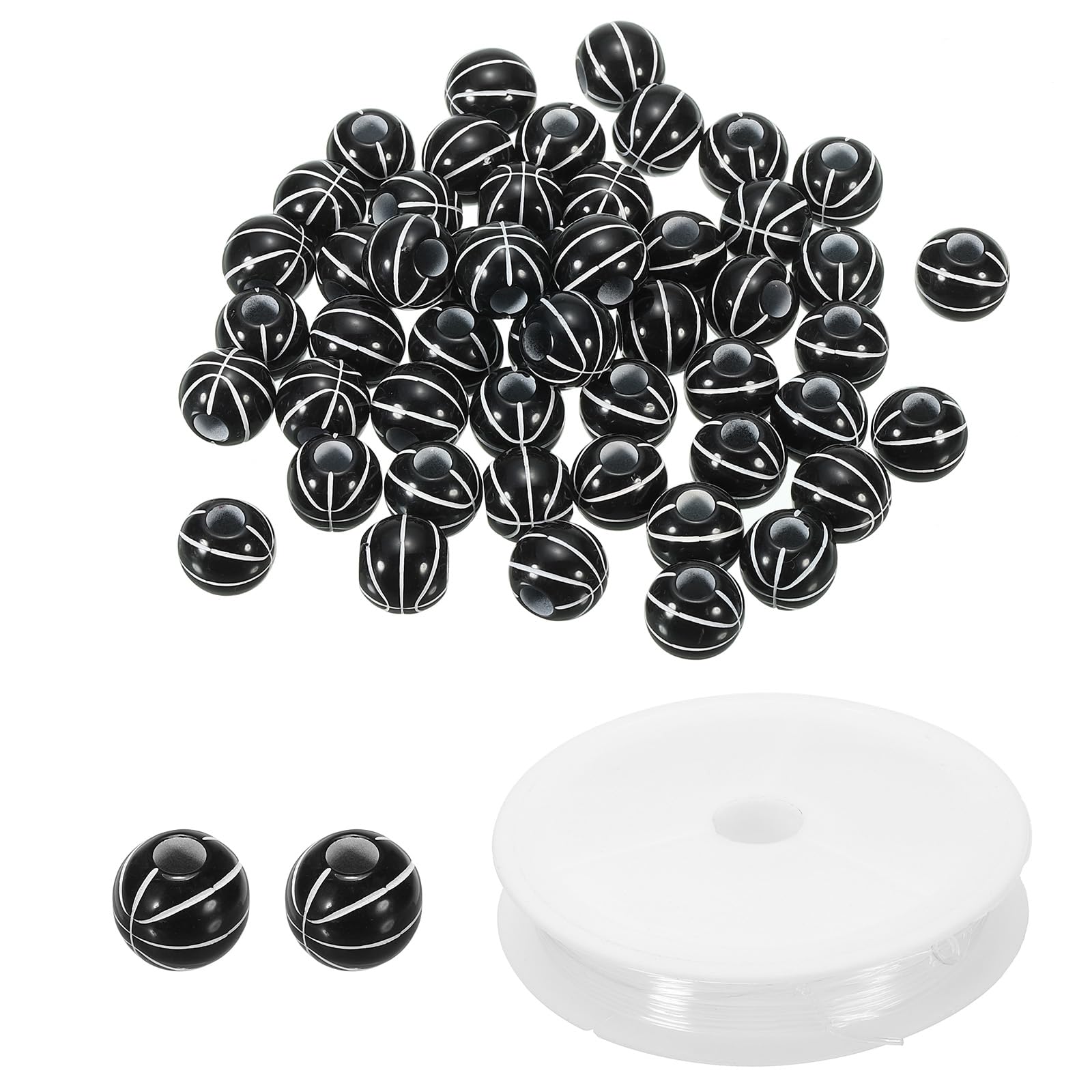 PATIKIL 10mm Acrylic Basketball Beads Bulk 100 Pack Sports Ball Beads Round Sports Spacer Beads with 4.4 Yard Elastic Rope for DIY Crafts Bracelet Necklace Making Black